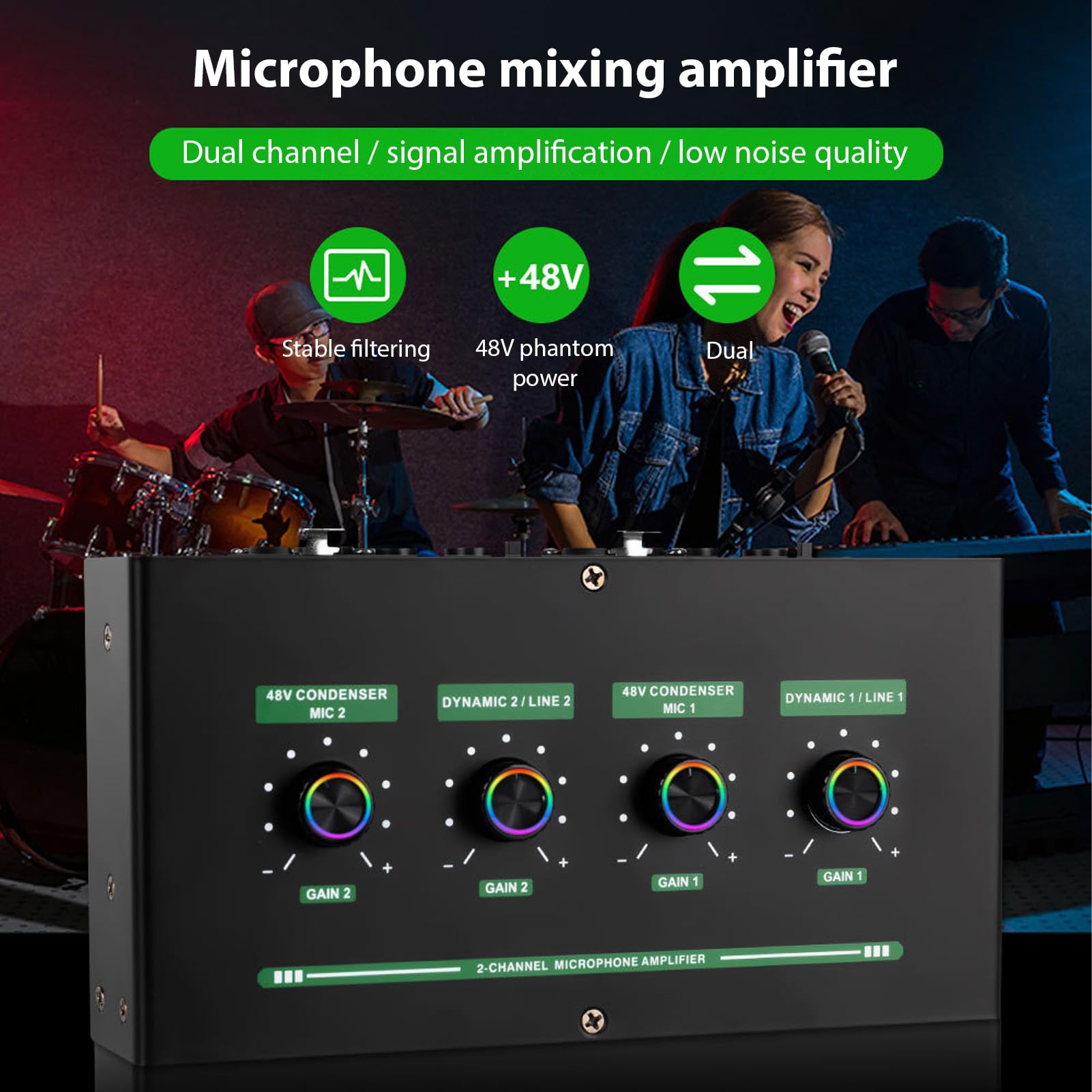 Preamplificador de Micrófono, Amplificador de bajo Ruido de 2 Canales con Alimentación Fantasma de 48 V para Micrófonos de Condensador Dinámicos