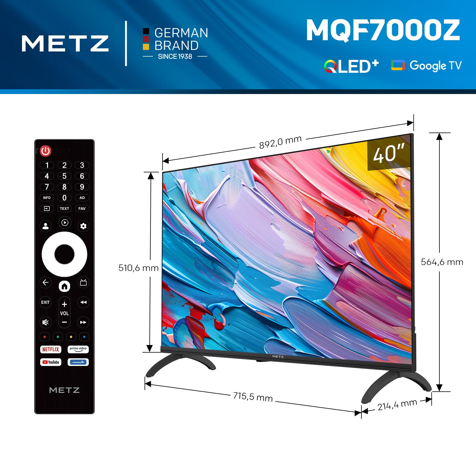Metz TV 40 Pulgadas Smart TV, 40MQF7000Z, QLED, Smart TV 40 Pulgadas, HDR10, Dolby Audio, Bluetooth 5.1, Negro (DVB-T/T2/S/S2/C ATV, Ci+) 2025