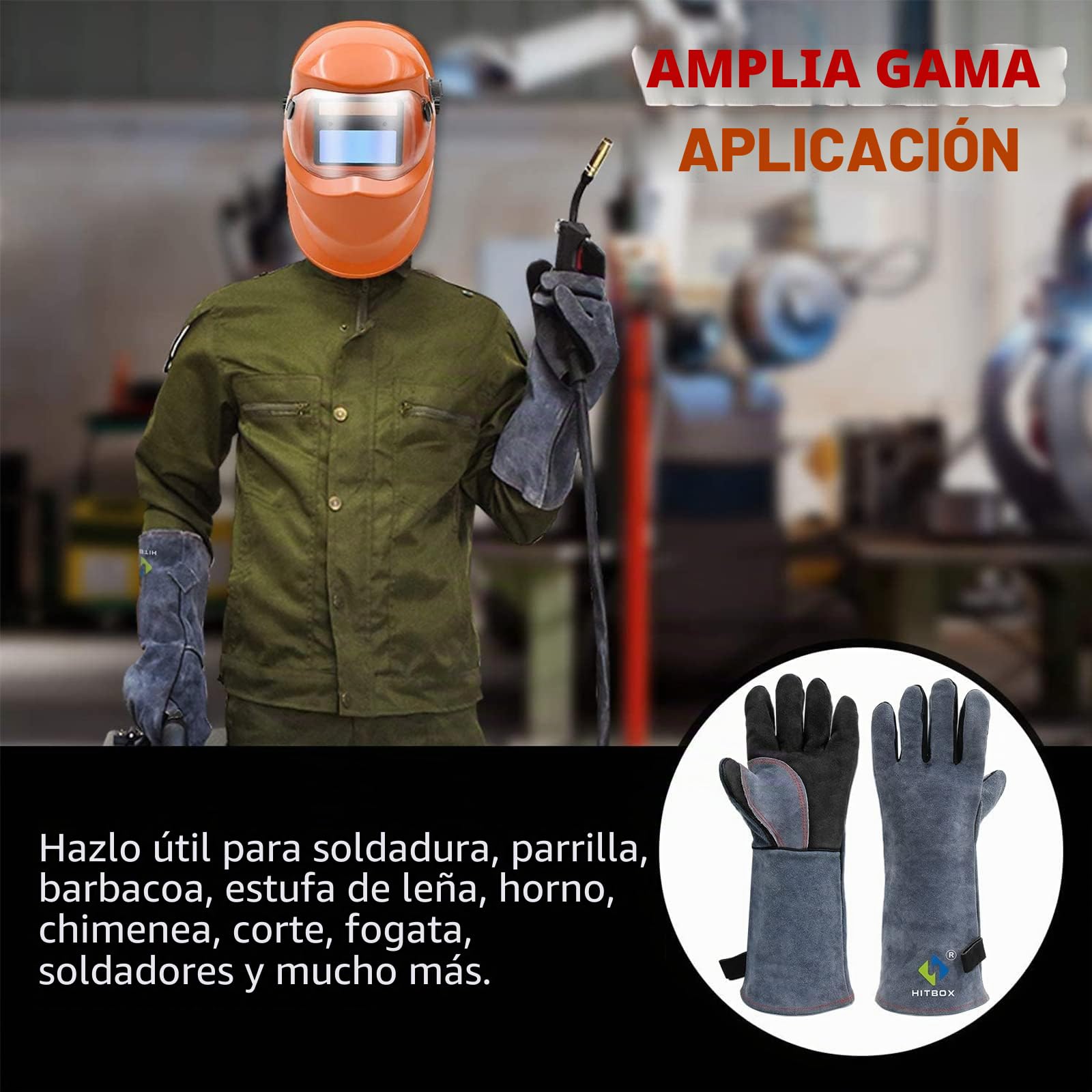 HITBOX Guantes de Soldadura Guantes de Cuero para Barbacoa/Parrillas/Soldadura/Estufa de Madera/Corteza/Manejo de Animales