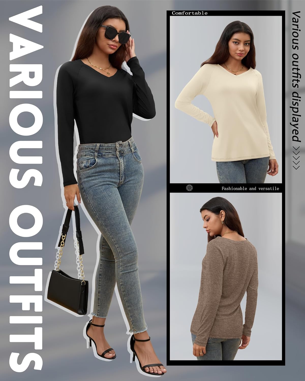 3 Pack Women's Long Sleeve T Shirts V Neck Raglan Tunic Tops Loose Casual Basic Tee Fall Winter Ladies Outfit - Image 6