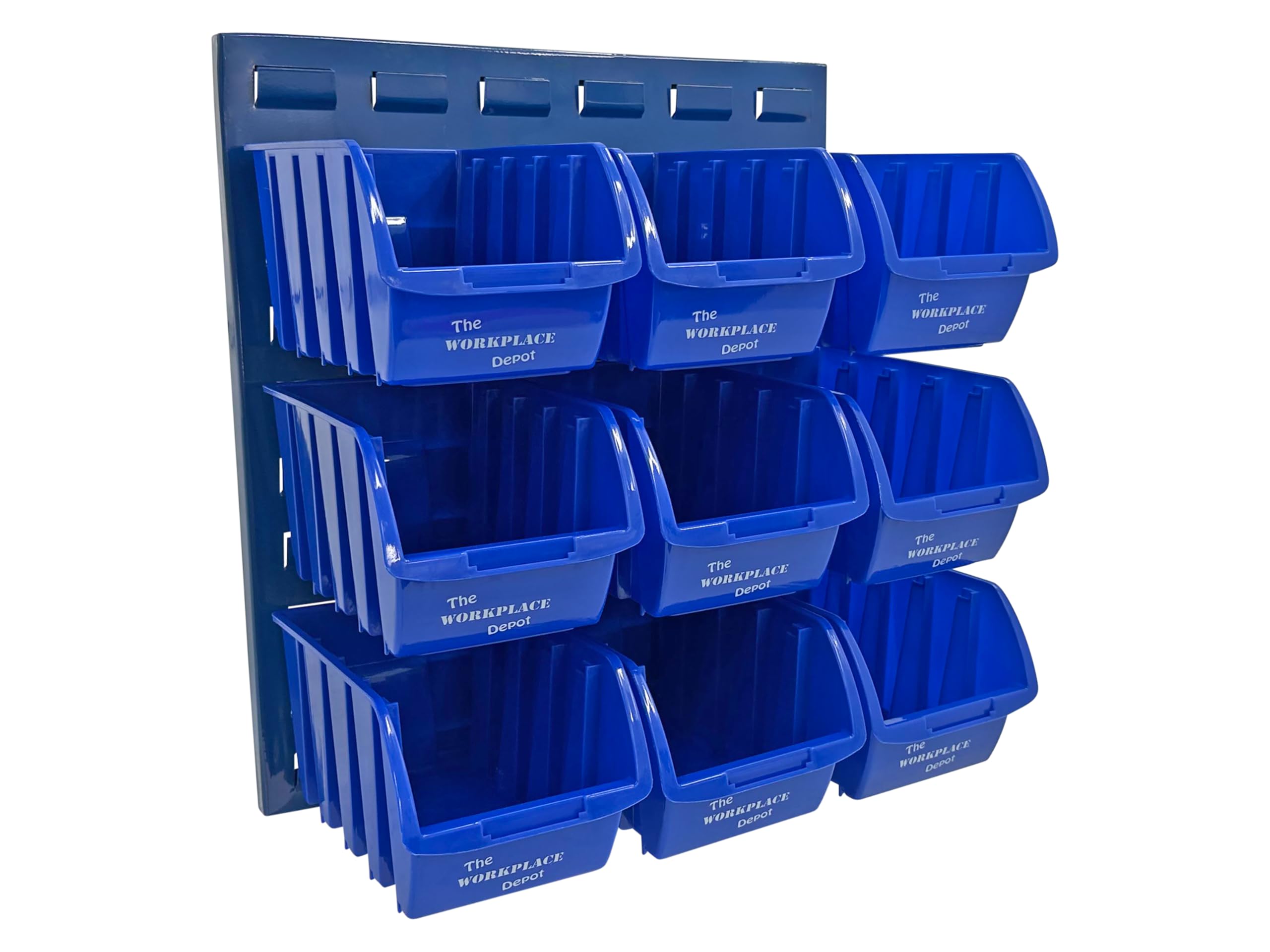 The Workplace Depot Louvre Storage Bin Kit – 500(H) × 460(W) mm Steel Panel with Colour-Coded Polypropylene Bins for Workshop, Garage & Warehouse Tool Organisation (Blue, with x9 Medium Bins)