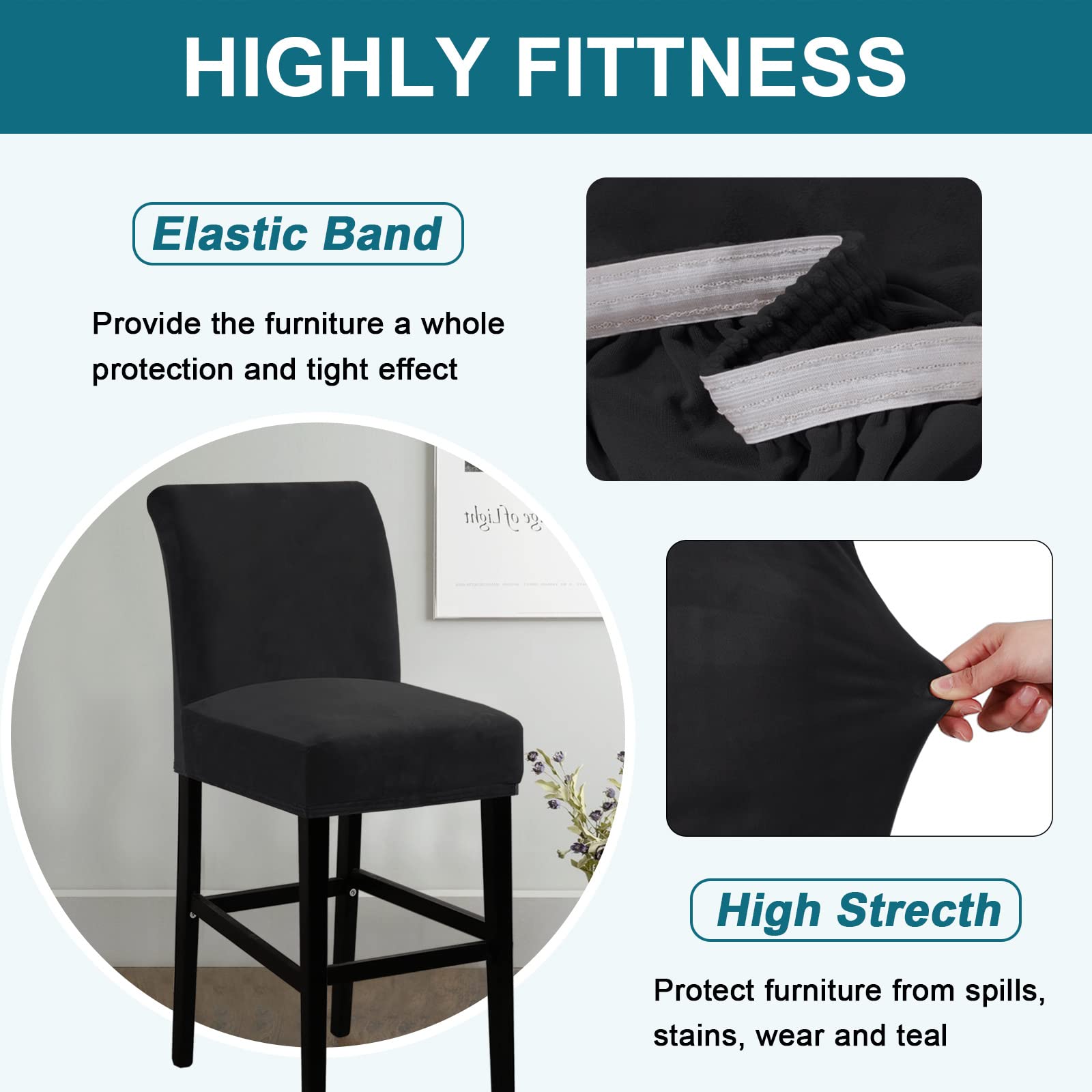 Elástico Fundas de Silla de Bar con Respaldo, Terciopelo Cubiertas para Taburete de Bar Funda para Taburete de Bar Protector para Giratorio Cocina Desayuno Sillas,Negro,6PCS