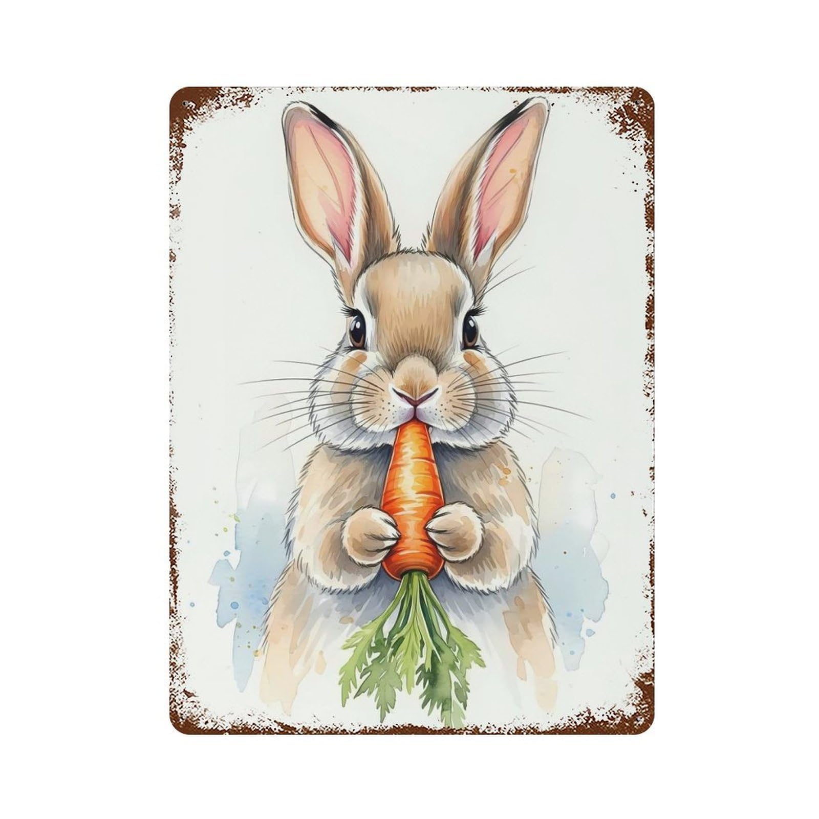 Vintage Metal Tin Sign Watercolor Bunny with Carrot 15.7"x11.8", Classic Wall Plaque for Pub, Kitchen And Man Cave Decor