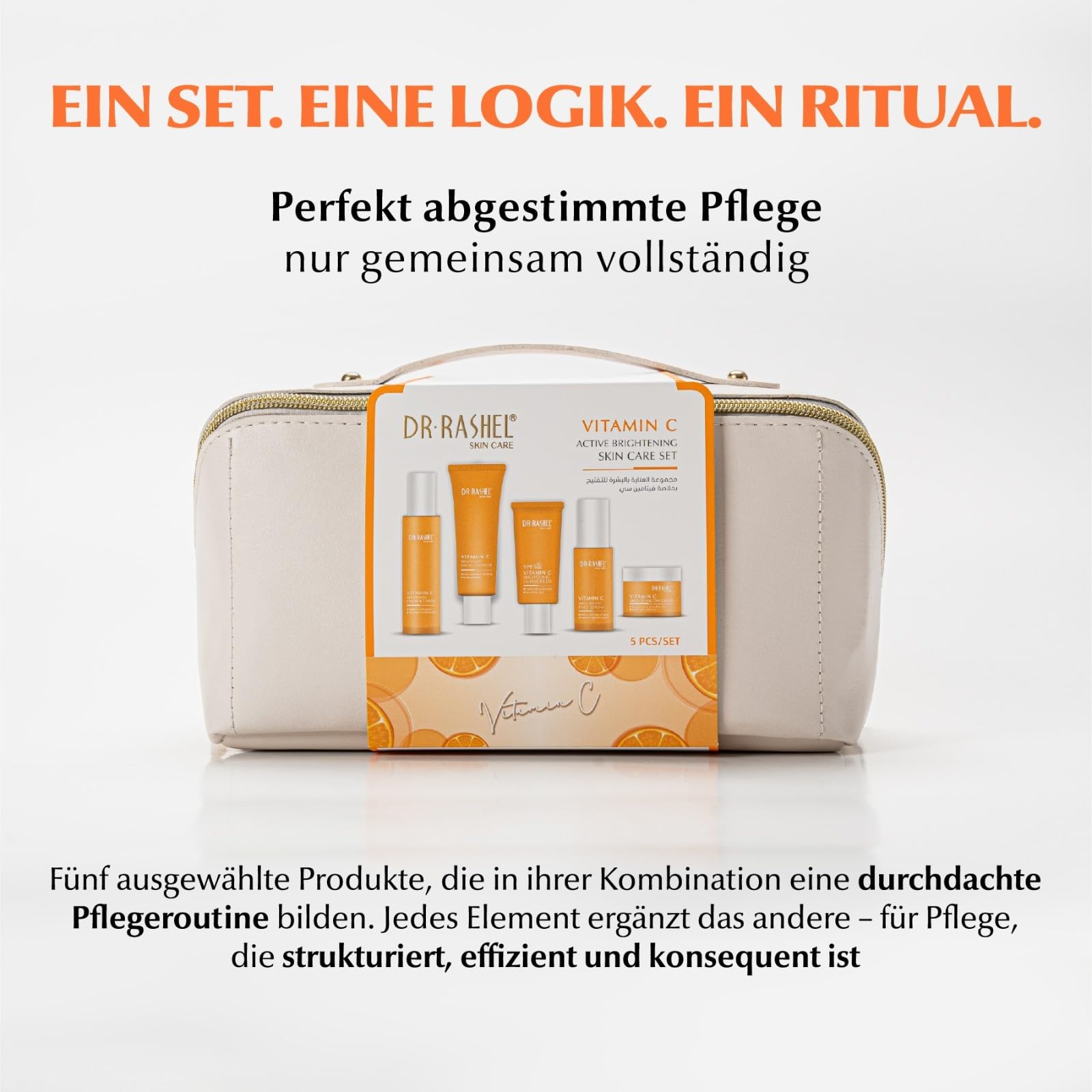 Vitamin C Gesichtspflege Set 5-teilig - Anti-Falten Hautpflege mit Serum, Tagescreme, Nachtcreme, Reinigungsgel, Toner + SPF 50 Sonnenschutz - Anti-Aging, Hautpflege, Skincare Set, Geschenkset Damen