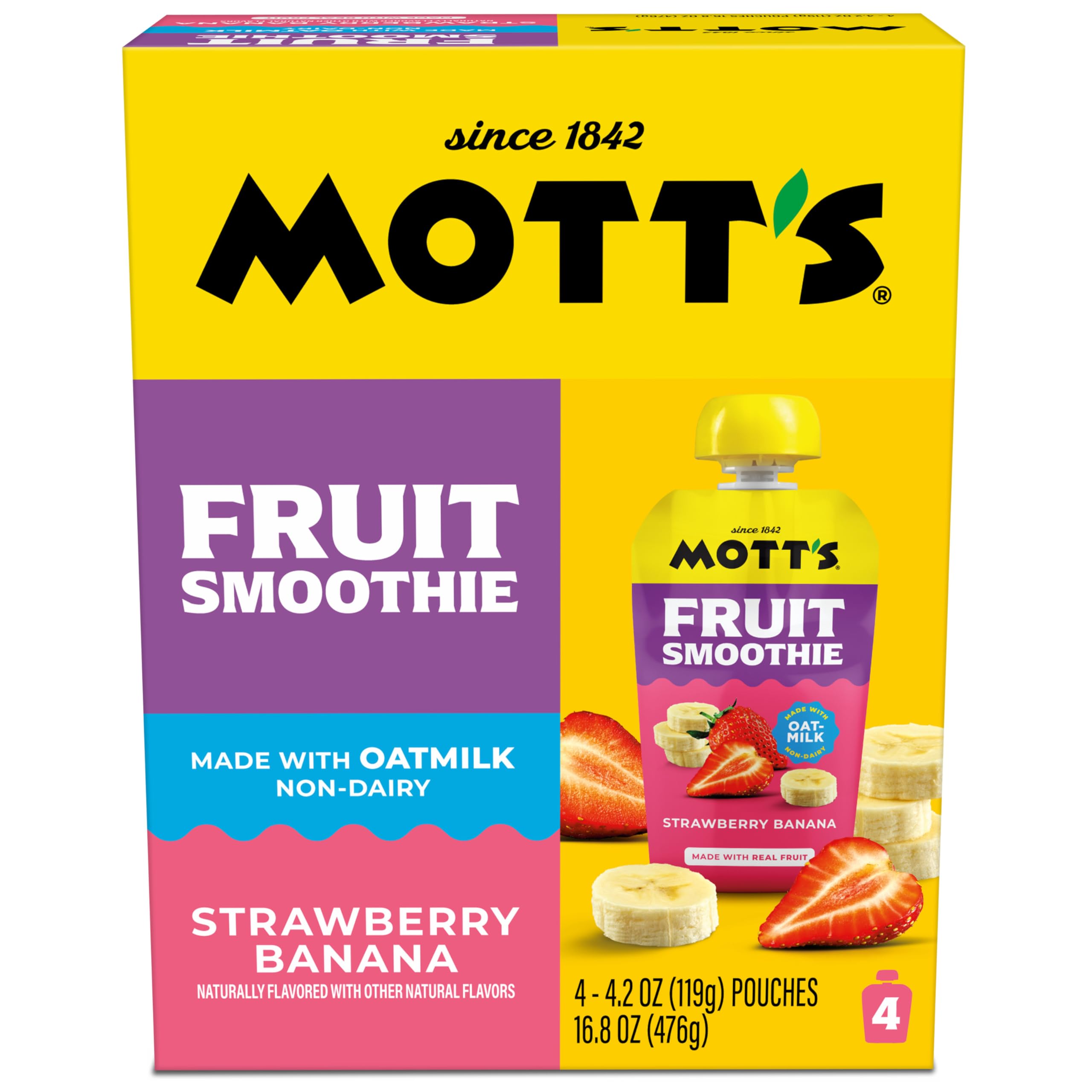 Mott’s Fruit Smoothies Strawberry Banana, 4.2 oz clear pouches, 4 Pack, Non-dairy, Made With Oatmilk, Made With Real Fruit, Good Source of Calcium, On-the-Go