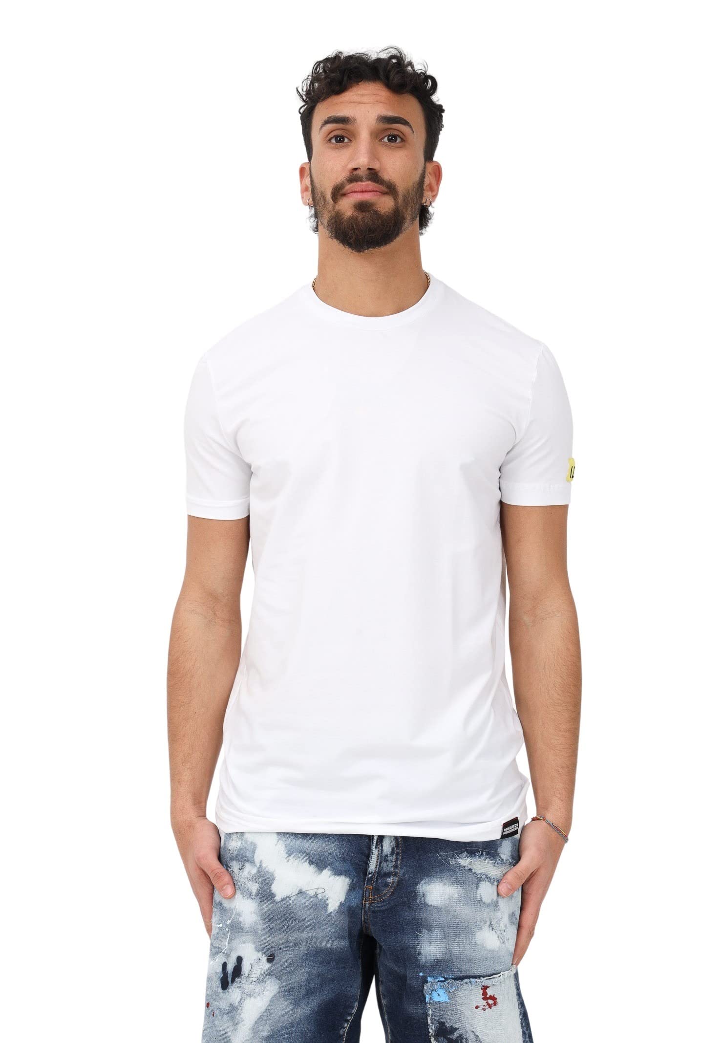 DSQUARED2 T-Shirt Uomo Bianco T-Shirt Casual con Patch Logo Icon sulla Manica XXL