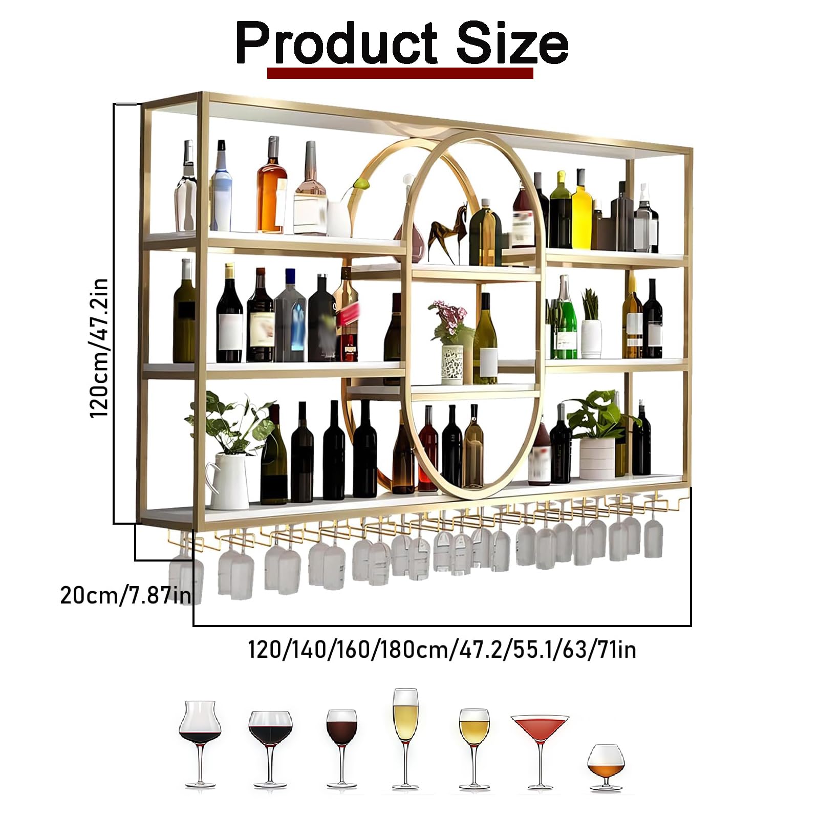 140CM Portabottiglie da parete grande, portabottiglie sospeso in metallo a 4 ripiani con ripiani per bicchieri, mensole sospese moderne per la decorazione di bar e sala da pranzo (Oro)