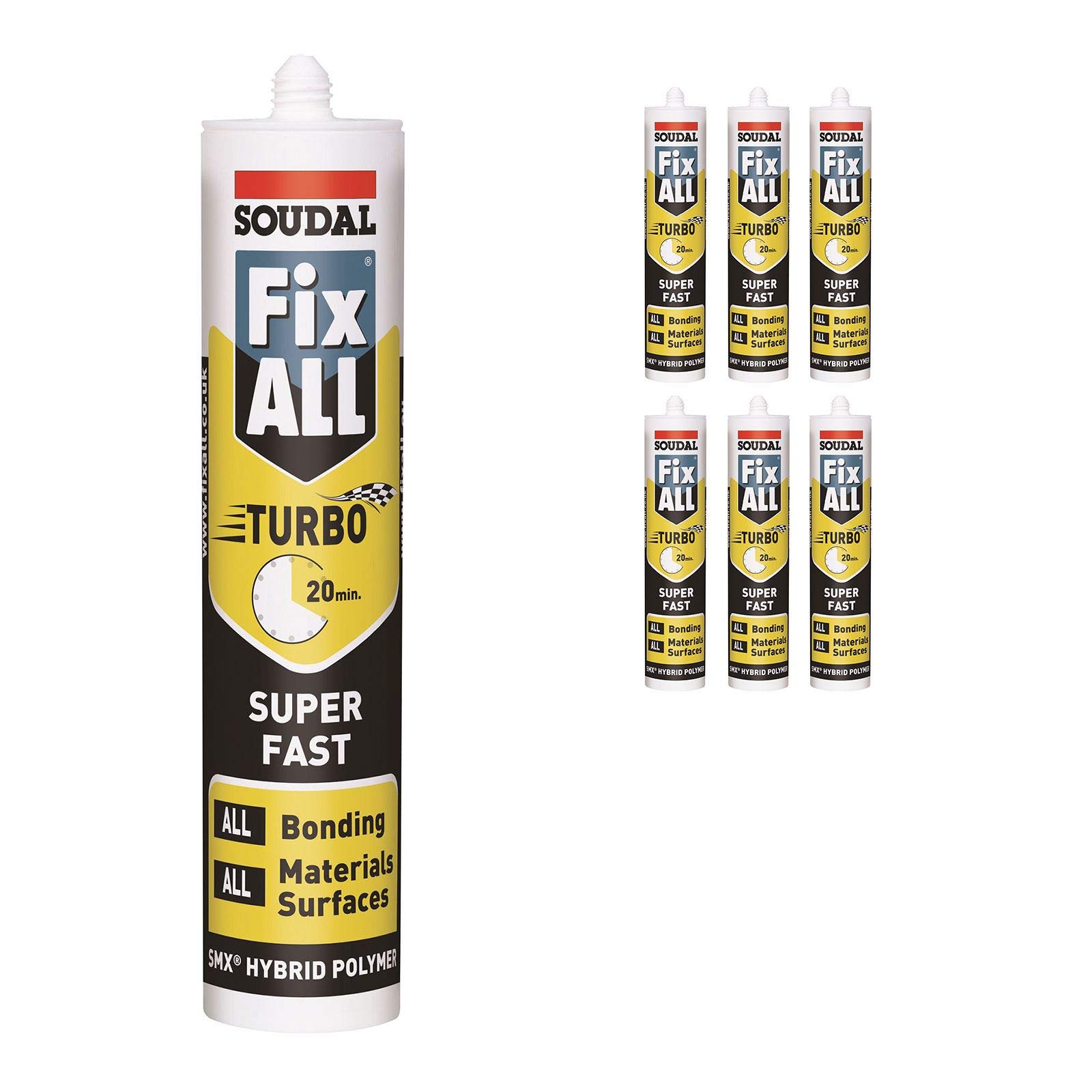 Pack of 6, Soudal Fix All Turbo Super-Fast Bonding High Tack SMX Sealant Strong Bond Adhesive Polymer Silicone