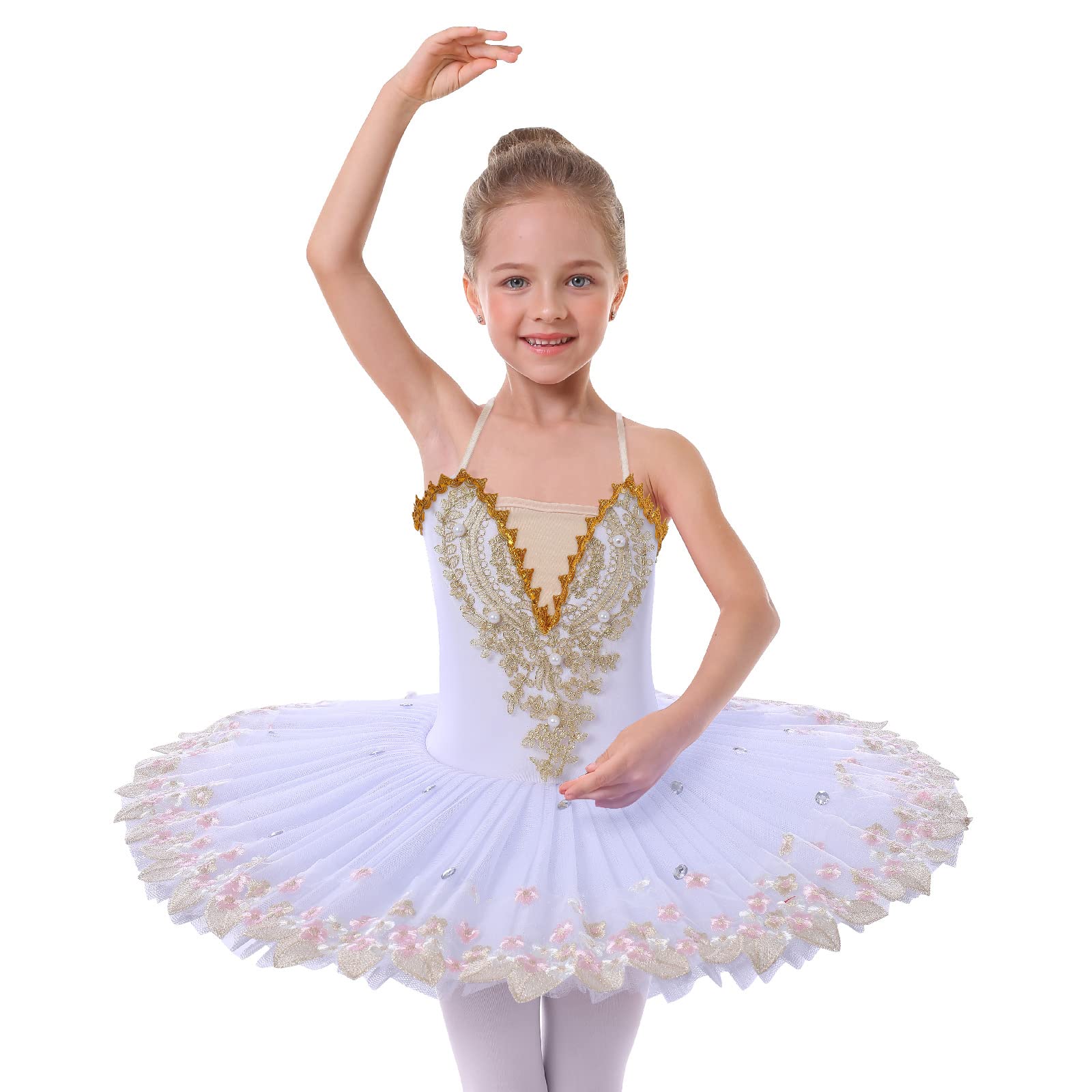 AFAVOMBallet Leotards for Girls with Platter Tutu Professional Hard Organdy Camisole Skirt Swan Lake Feather Hem Dancewear