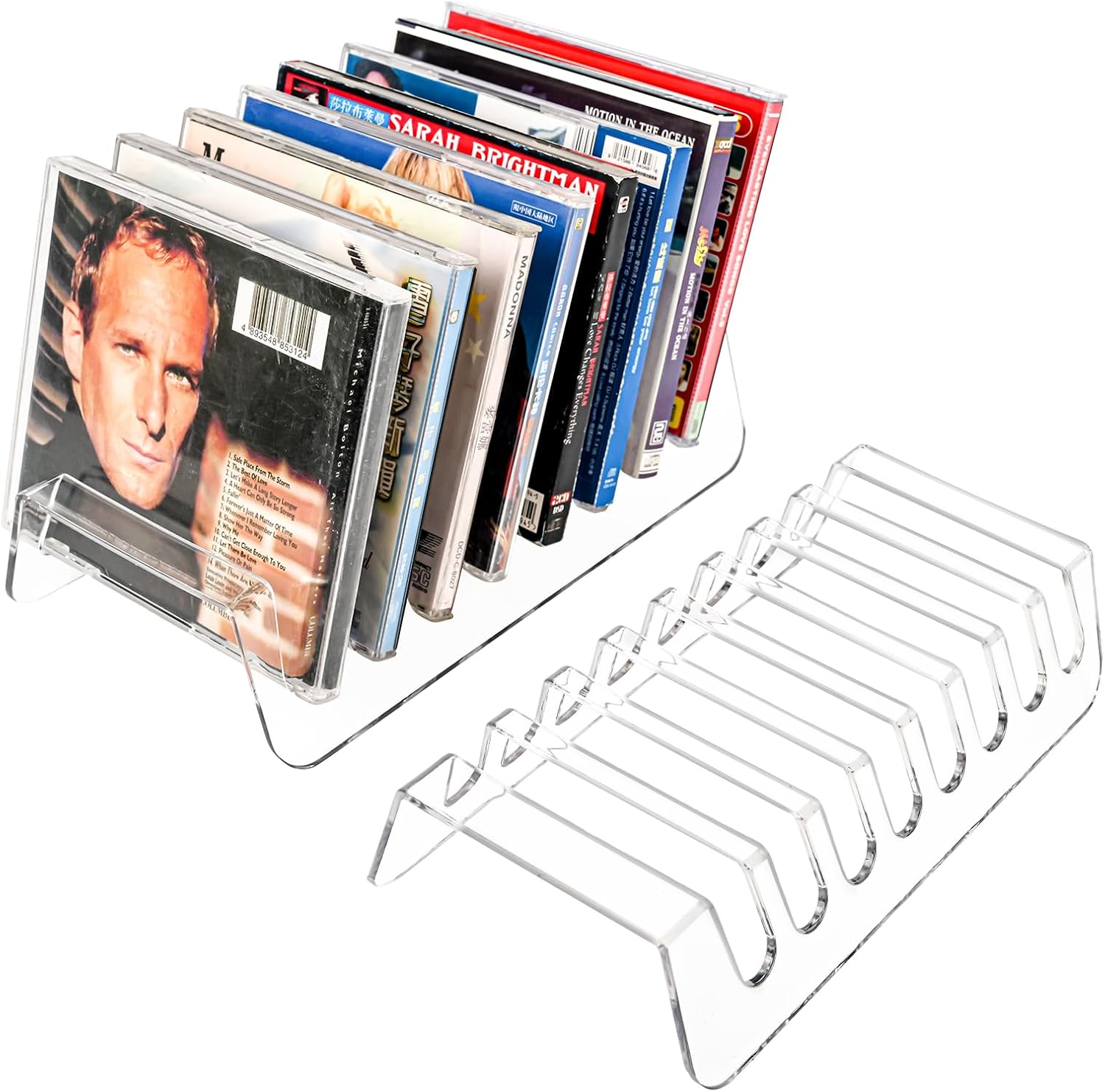 CELSOL 2 Pack Acrylic CD Holder Display Stand, Clear Desktop Rack Organizer for 16 Jewel Cases, Modern Vinyl Record Now Playing & Tablet Holder