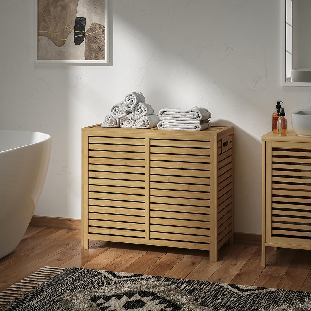 Bellamio Newa Wäschekorb aus Bambus – Wäschesammler mit 2 Fächern je 60 L – Wäschetonne mit Deckel – Wäschesack herausnehmbar & waschbar aus Oxford Gewebe – Wäschetruhe – Wäschebox 62x33x70 cm (HxTxB)