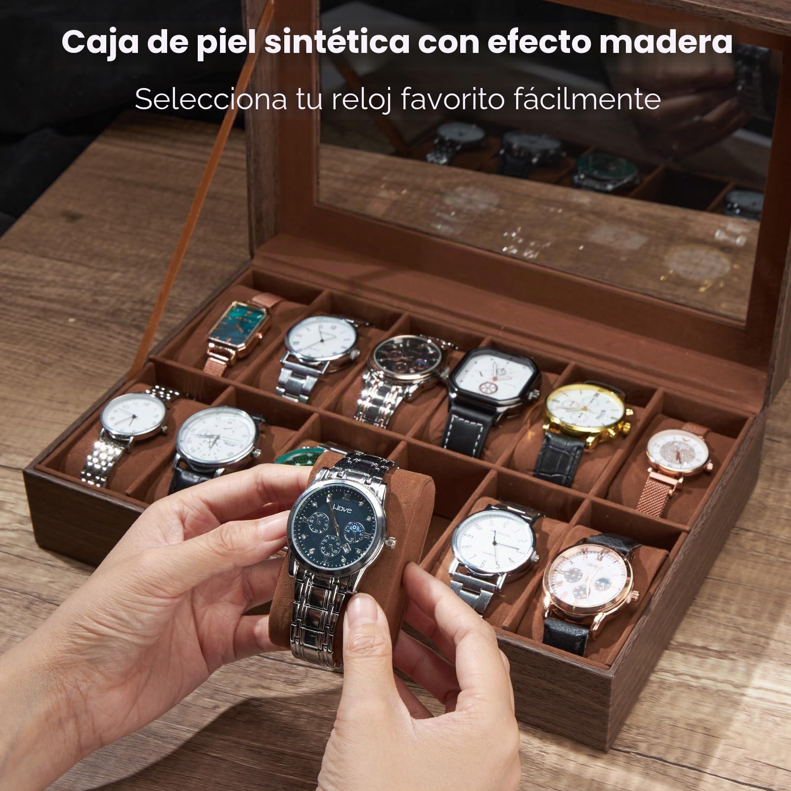 Caja Relojes con 12 Compartimentos, Ohuhu Caja para Relojes con Tapa de Cristal y Cojín ExtraíbleRegalo para Cumpleaños Día del Padre Navidad