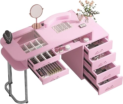 TABU Mesa de manicura profesional, mesa de uñas para tecnología de uñas con cajones grandes y armario lateral, estación de trabajo de uñas con