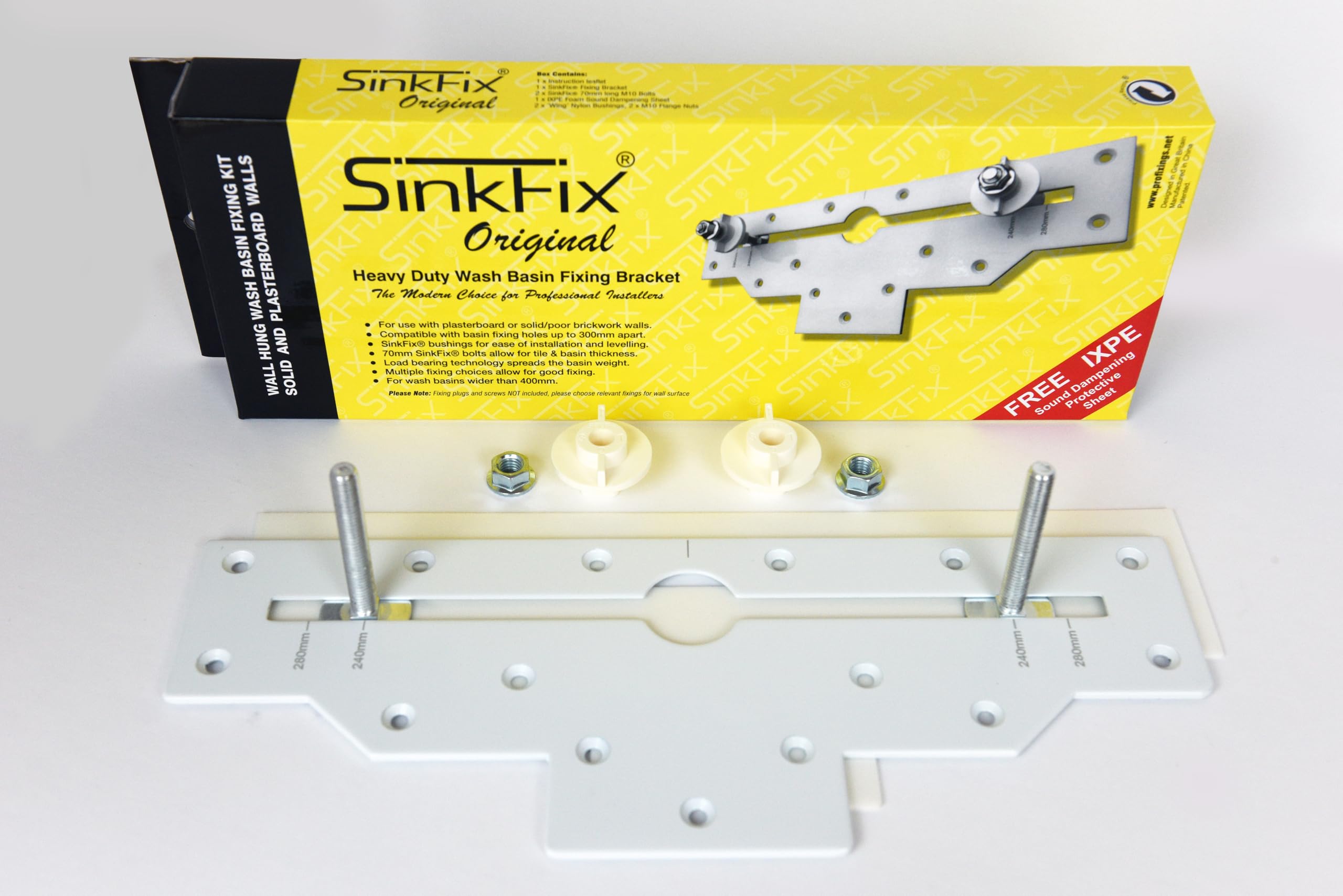 Kit di fissaggio per lavabo SinkFix | resistente | per cartongesso e pareti solide | Fissaggi per lavandini, fissaggi sanitari per lavabi a parete | Foglio fonoassorbente IXPE in omaggio | diretto dal