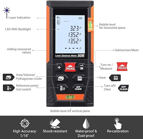 Miniatura 2 de Medición láser clásica, medición láser digital con 2 niveles de burbuja, cambio de unidad Minpiepie+in, LCD retroiluminado, IP54 a prueba de golpes