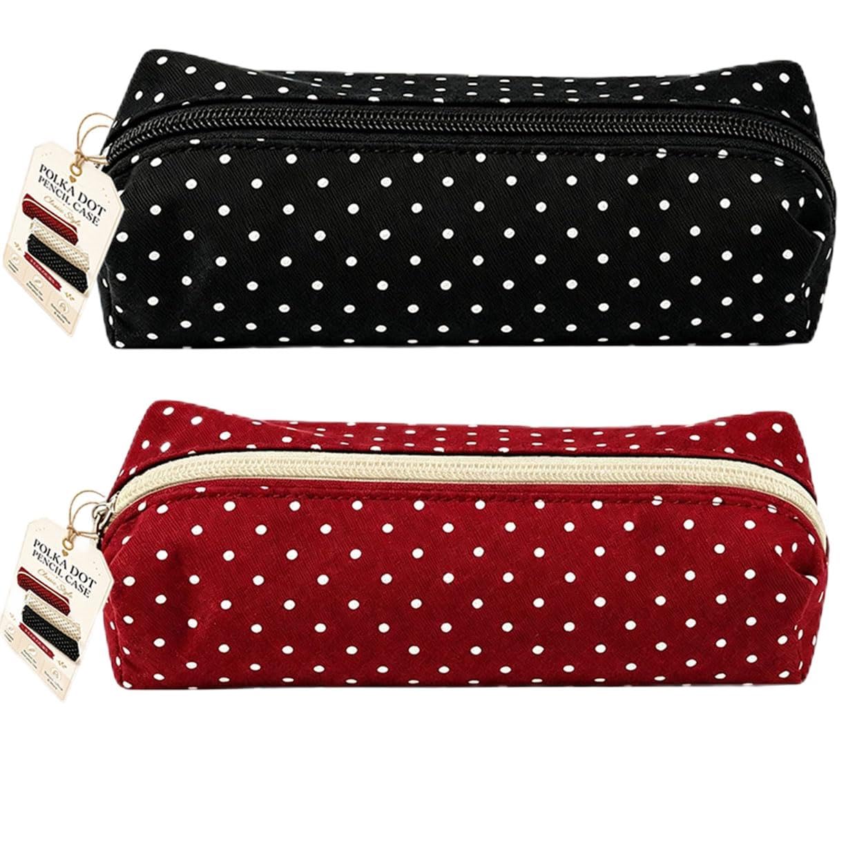 Everydries Special Polka Dot Canvas Pencil Case, Simple Zipper Pen Pouch with Compartments, Large Capacity Pencils Case Vintage Pen Pencil Pouch Makeup Pouchs Cute Supplies (2pcs-red+Black)