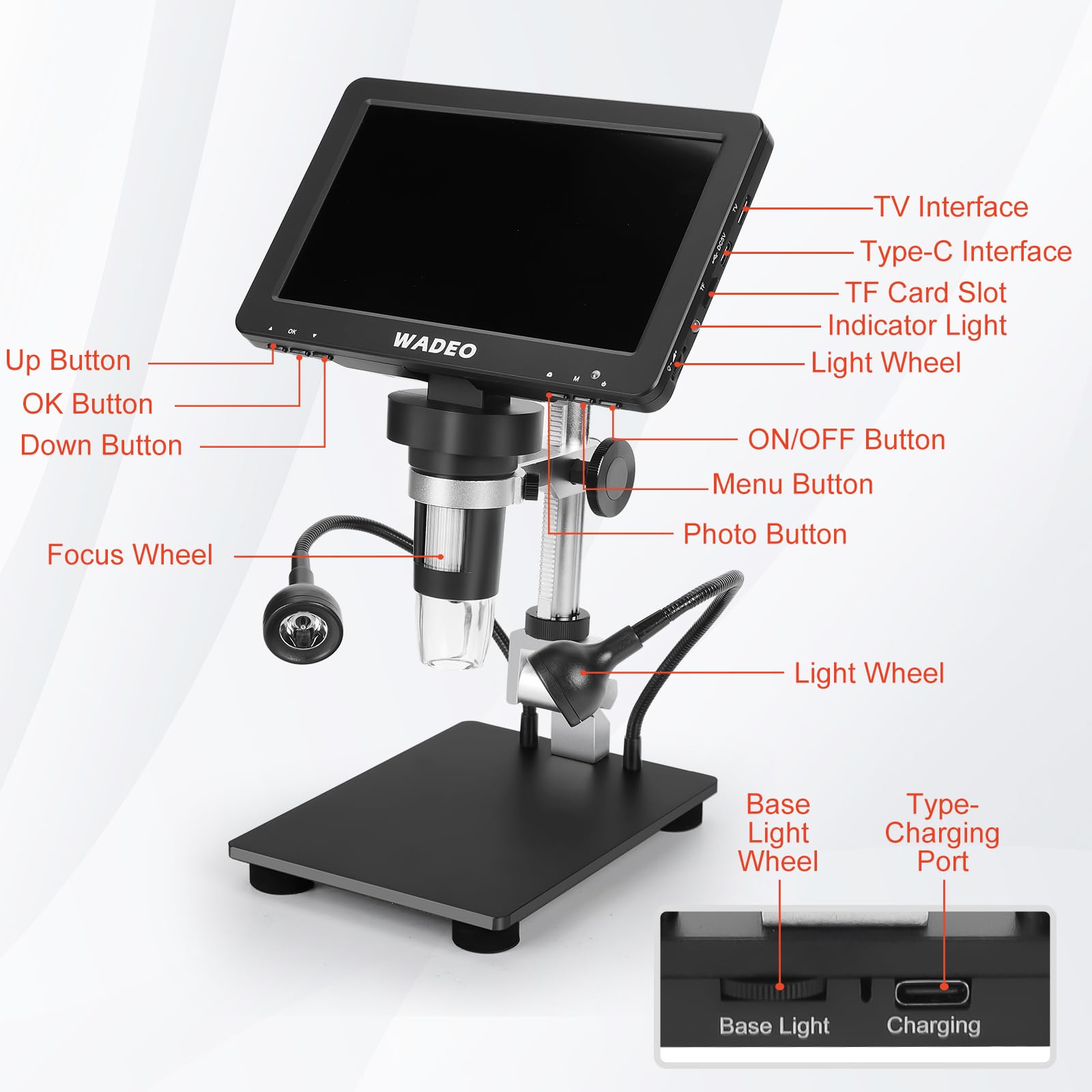 WADEO 7'' LCD Digital Microscope 1200X, 16MP 1080P Coin Microscope with 8 LED Lights and Fill Light, Compatible with PC/TV, Windows/Mac OS, with 32G Card and Remote Control — view 6