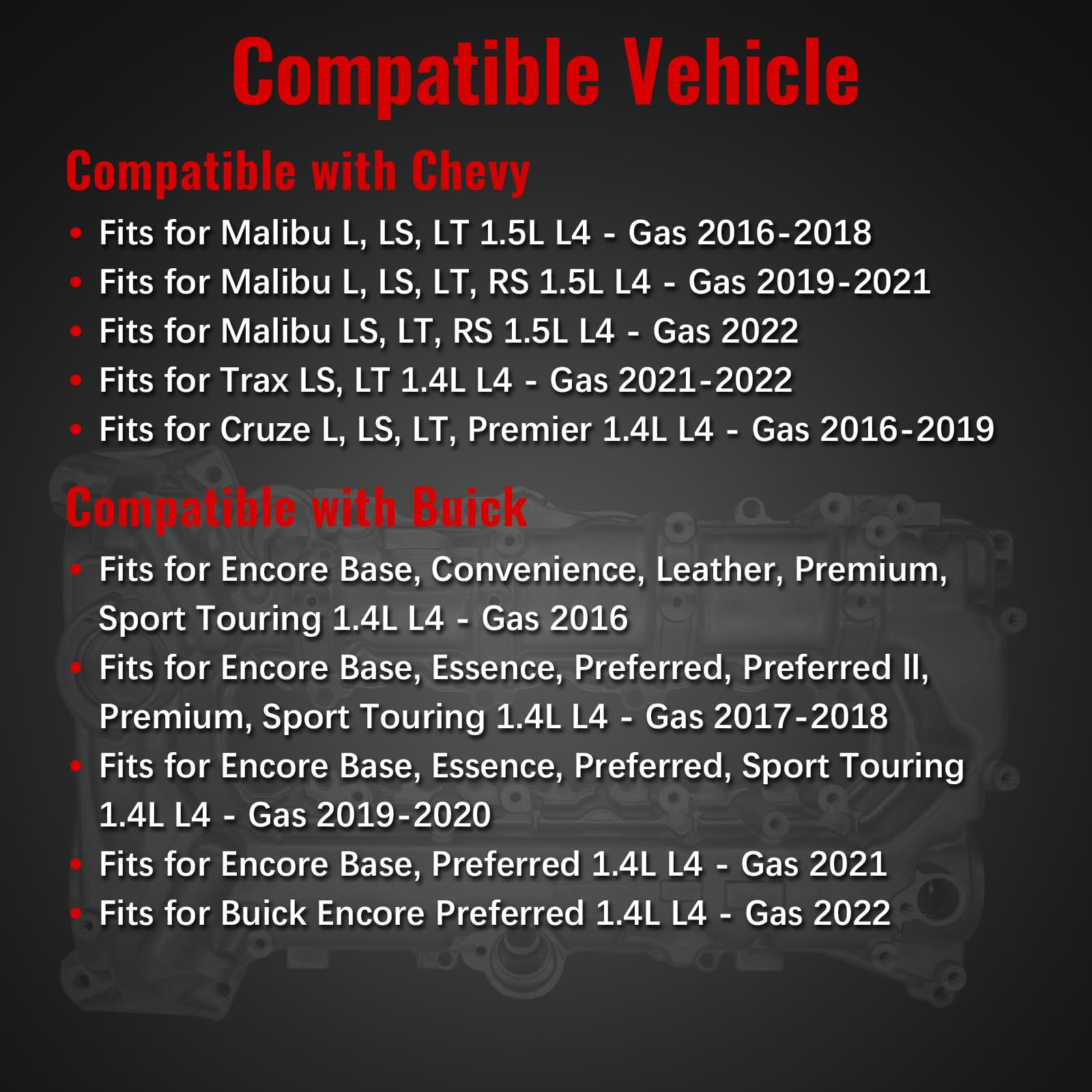 Aluminum Engine Valve Cover Kit fit for Chevy Malibu Cruze, Trax, Buick Encore 2016-2022 1.4L 1.5L Aluminum Engine Valve Cover Kit fit for Chevy Malibu Cruze, Trax, Buick Encore 2016-2022 1.4L 1.5L