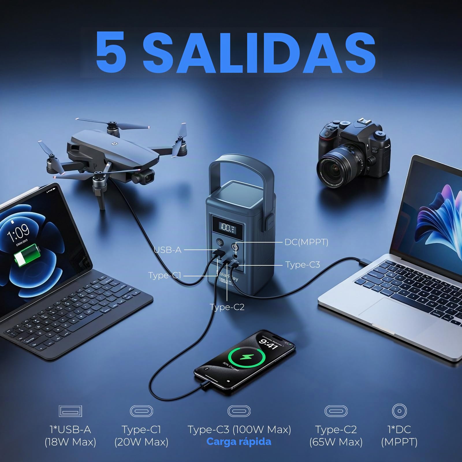 SolarPlay Q100 Estación de Energía Portátil de 100 W, Pequeño Generador con Tomas de Corriente/CC/luz LED/USB, Batería Externa de 92,5 Wh para Acampadas, Respaldo Doméstico y Cortes de Emergencia
