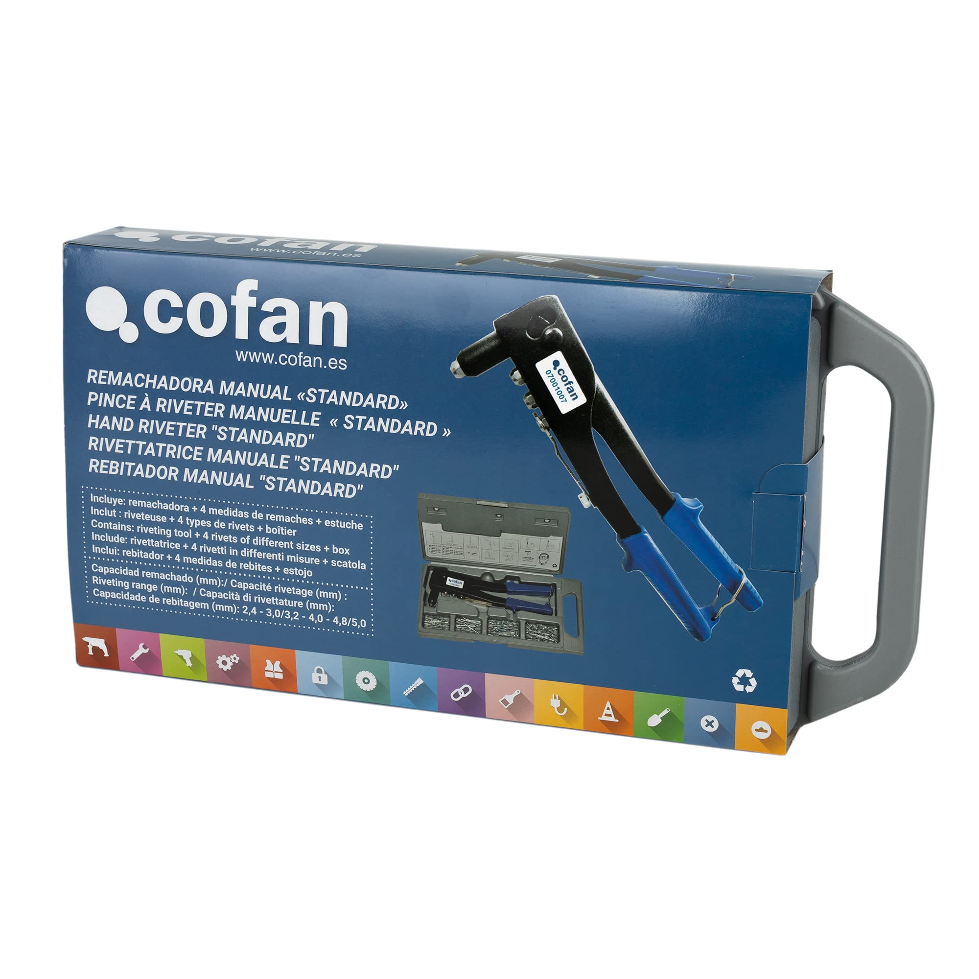 Cofan Kit rivettatrice manuale Standard | Con rivetti inclusi da 2,4-3,0/3,2-4,0-4,8/5,0 mm | Per qualsiasi tipo di rivetti