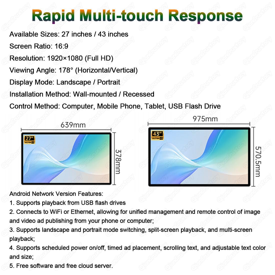 Schermo Pubblicitario Commerciale Full HD 1080p, Macchina Pubblicitaria da Parete con Funzione Split Screen, Controllo Remoto e USB, Orientamento Orizzontale e Verticale Non-touchscreen-43”