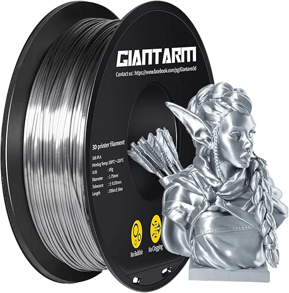 GIANTARM Silk Metallic Silver PLA 3D Printer Filament 1kg Spool, 1.75mm Dimensional Accuracy +/-0.03mm, 1080 Feet per Roll, Vacuum Packaging