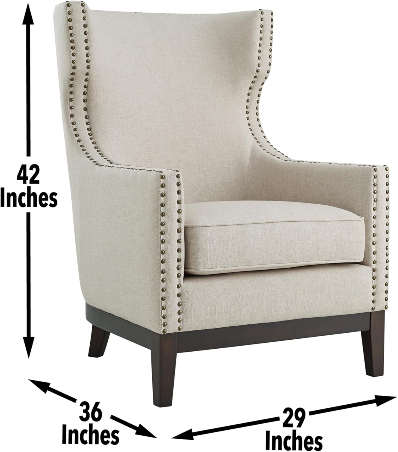 Beige Linen Wing-Back Accent Chair with Nailhead Trim