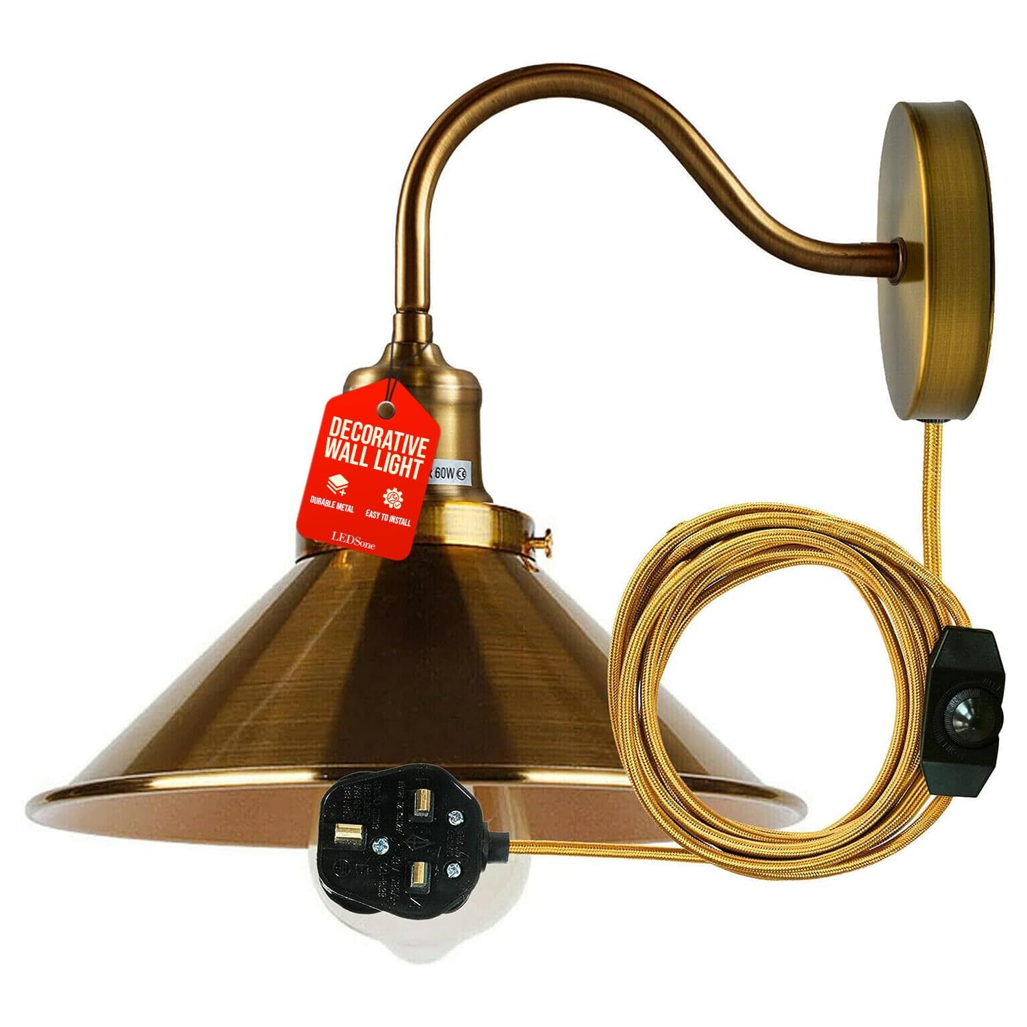 Ledsone Yellow Brass Industrial Wall Sconce With Plug-Ins Cord, Vintage Metal Shade, Rustic Farmhouse Plug-In Wall Lights With Dimmable Switch - Easy Install Plug-In Wall Mount Lamp,