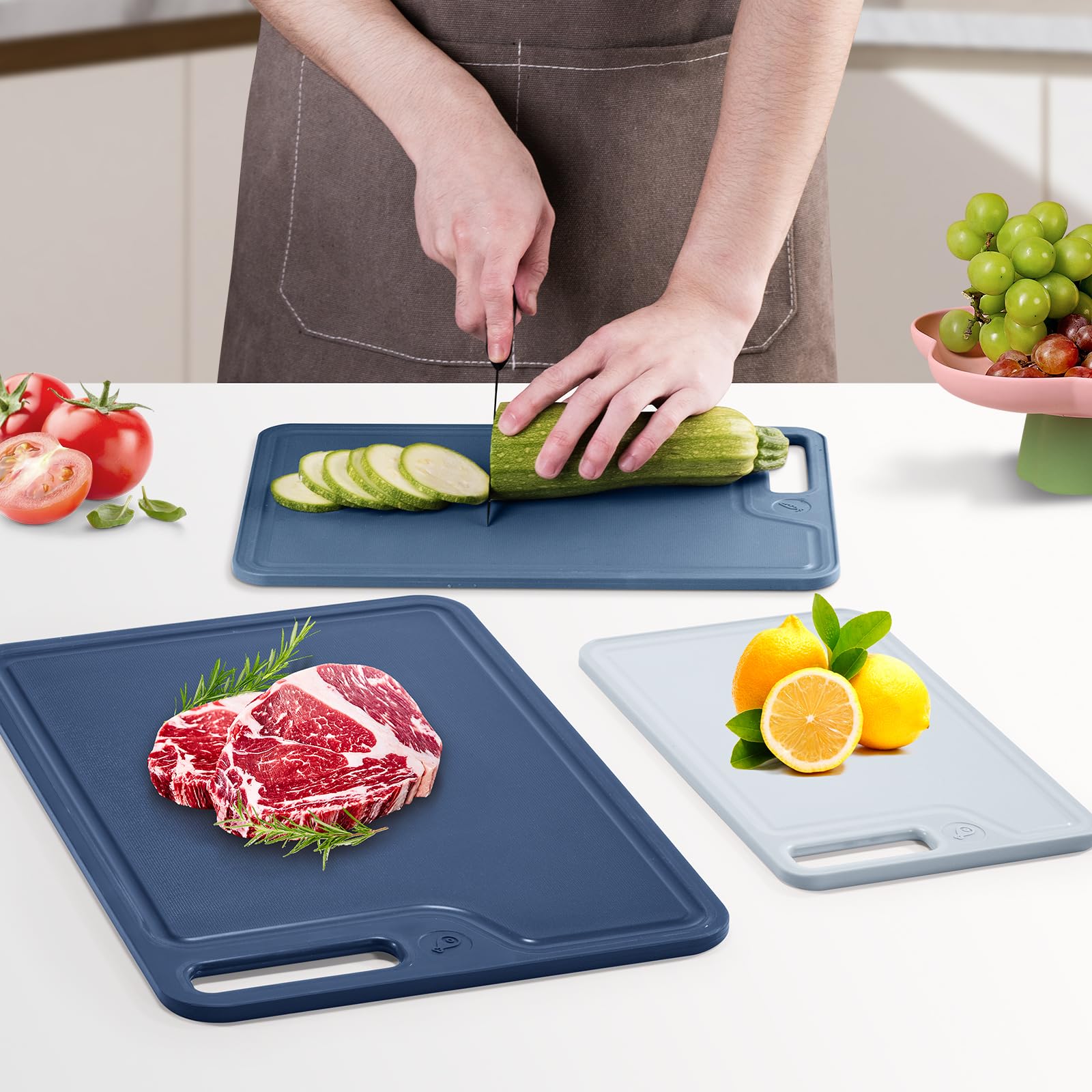 Juego de 4 tablas de cortar de plástico para cocina, aptas para lavavajillas, seguridad alimentaria, diseño antideslizante, ideal para preparación de carne y verduras