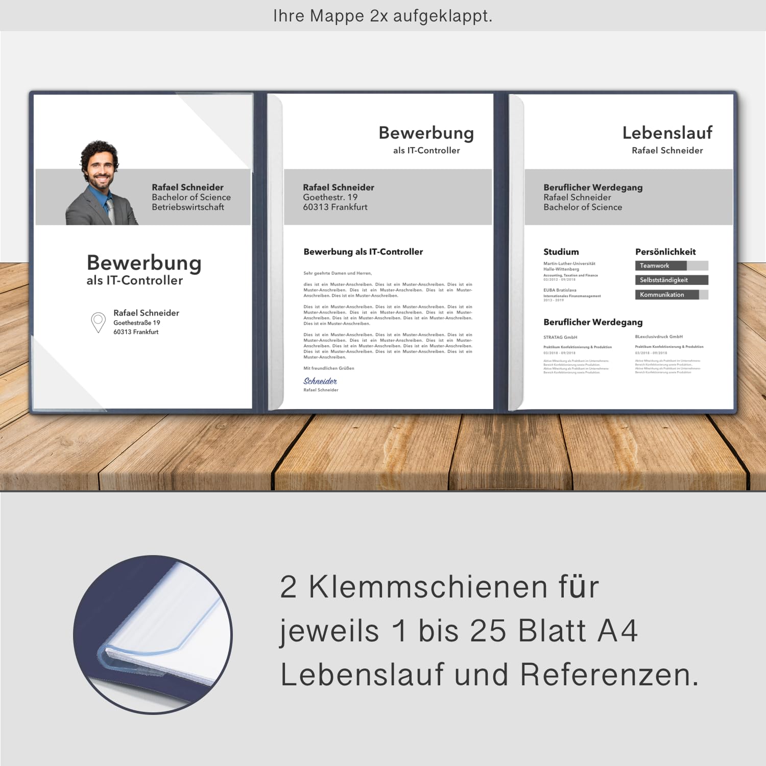 BL-exclusivdruck® Optima-Plus Lot de 5 chemises de candidature en 3 parties Bleu marine Avec inscription Bewerbung