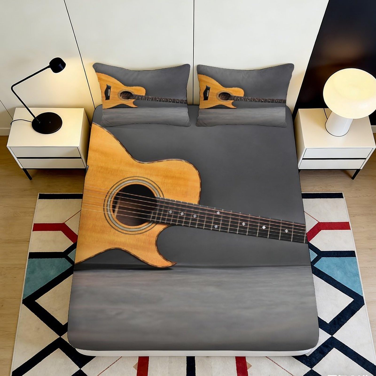 Pnayamiorkfel Style-8 3D Printed Acoustic Guitar Fitted Sheet Microfiber Grey Bedroom Decor Bed Cover For Adults Youth Mattress Protection 90X200x25cm