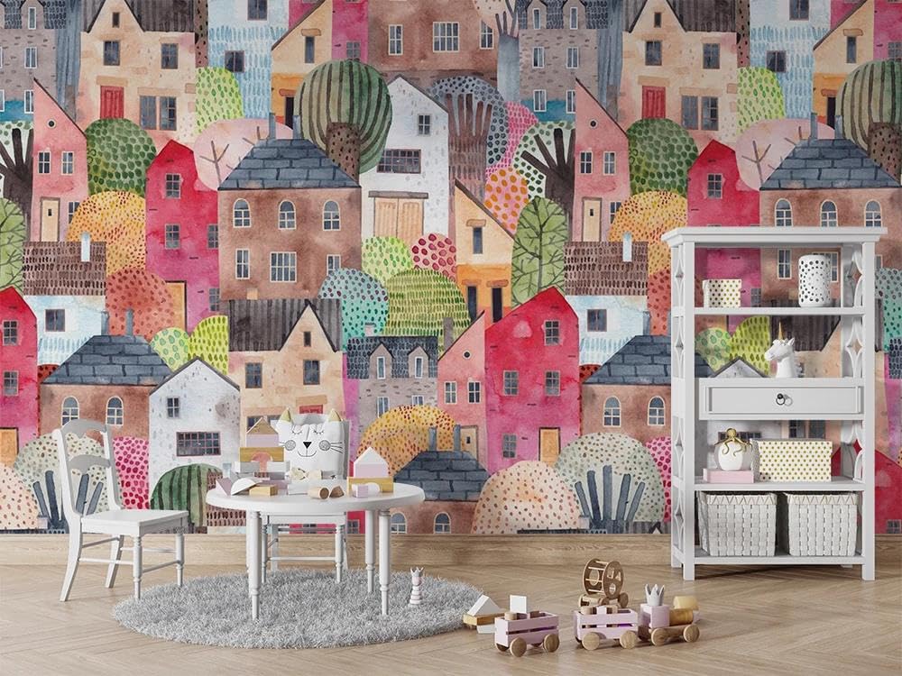 Papier peint mural 3D d'architecture de dessin animé ILIYA pour salon et chambre