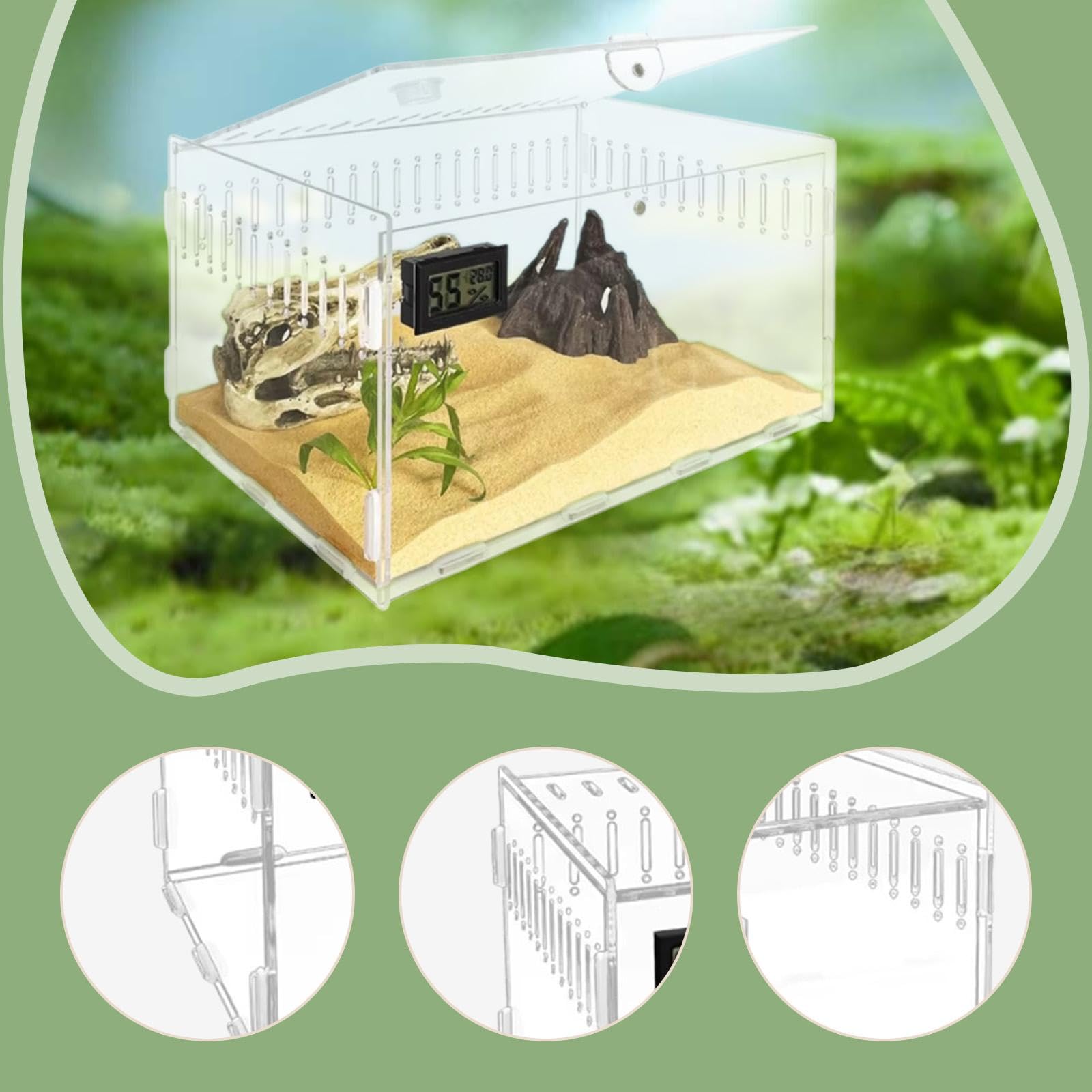 Terrario Acrílico para Reptiles, Contenedor Portátil, Hábitat para Anfibios como Serpientes Y Jerbos, L Size Single Grid