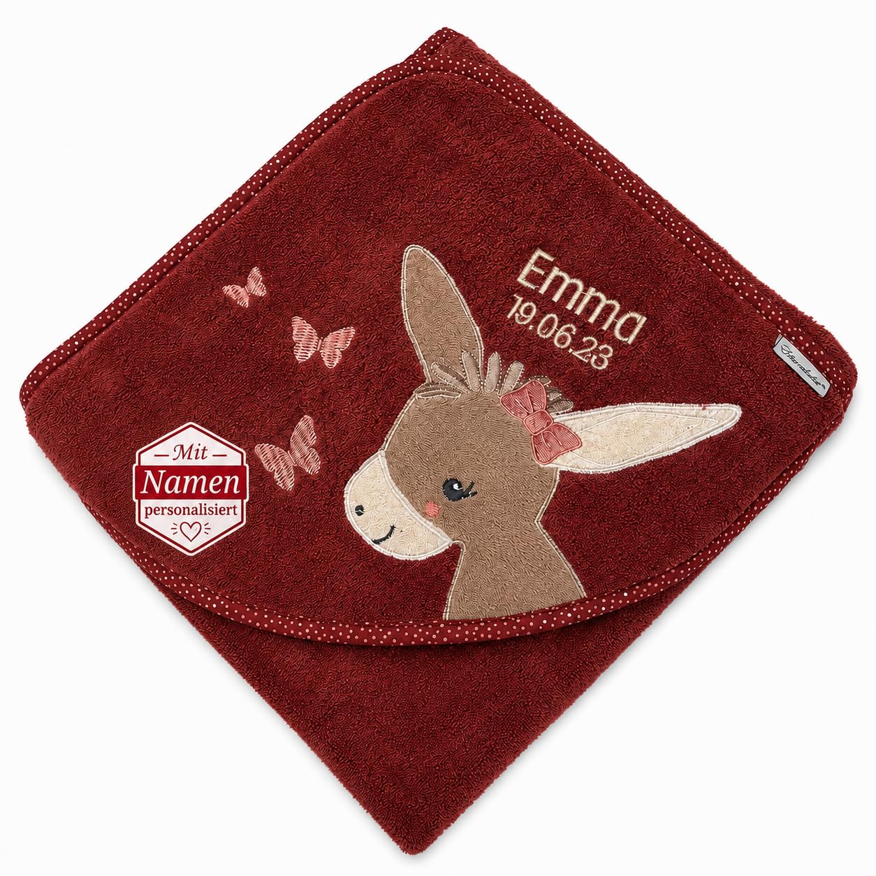 Sterntaler Badetuch 80x80 cm aus 100% Baumwolle personalisiert mit Namen/inklusive Bestickung (Emmily dunkelrot)