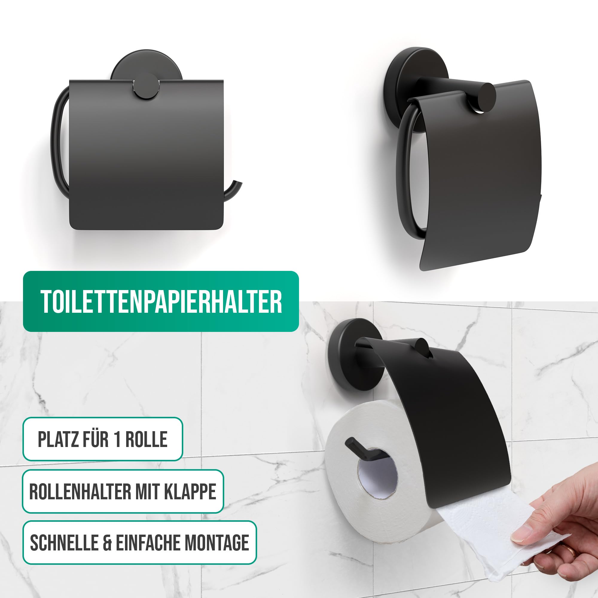 Avalo Toilettenzubehör Set Schwarz 4-teilig - Luxus-Toilettengarnitur - Toilettenbürste mit Halter/Toilettenpapierhalter/Ersatzpapierhalter/Handtuchhaken - inkl. Befestigungsmaterial