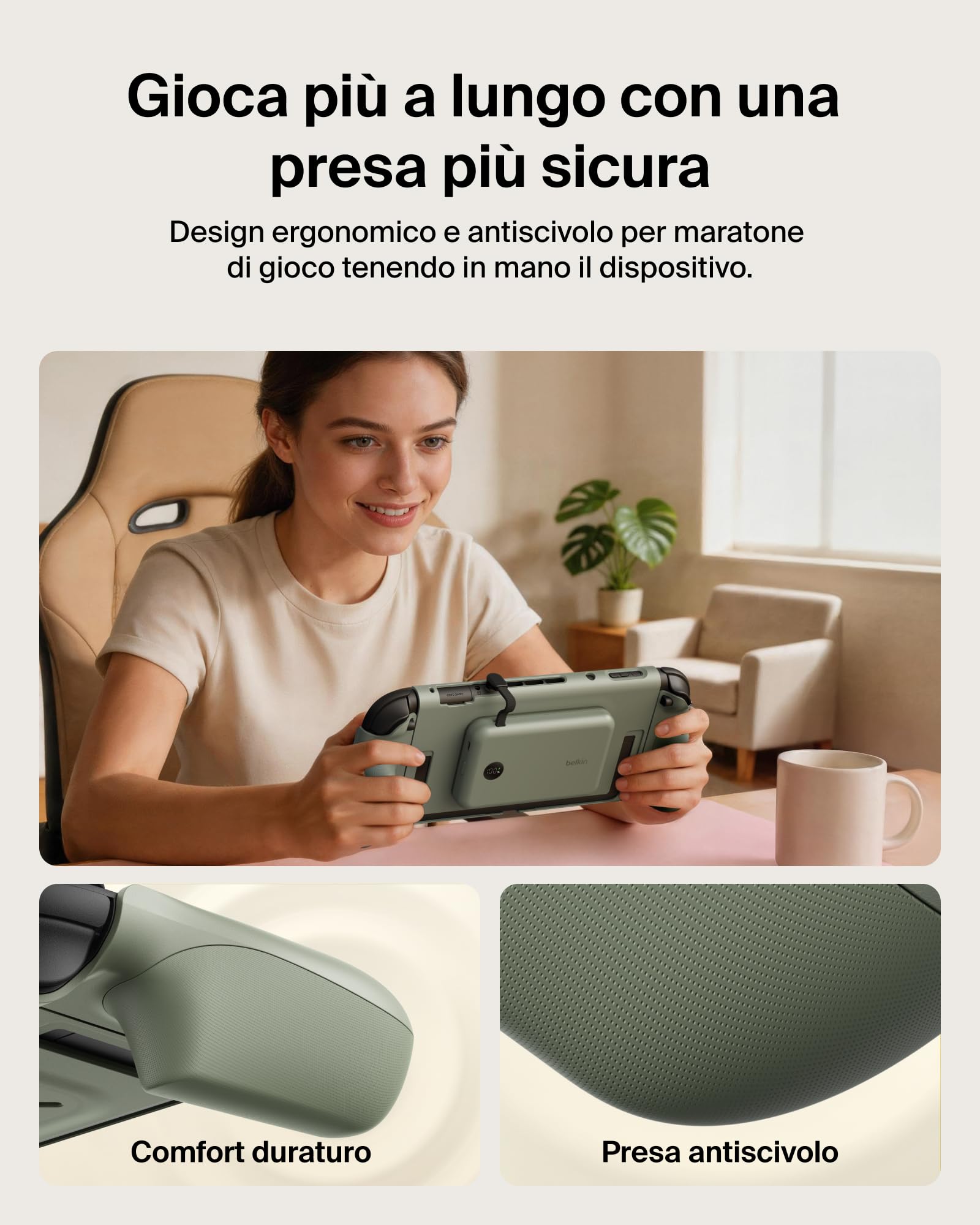 Belkin Gaming Impugnatura Ricarica Nintendo Switch 2, Power bank 10K, Verde | Caricatore Portatile 10000mAh, 30W, Caricatore Magnetico, Compatibilità Supporto, Maniglia Antiscivolo Ergonomica, Display