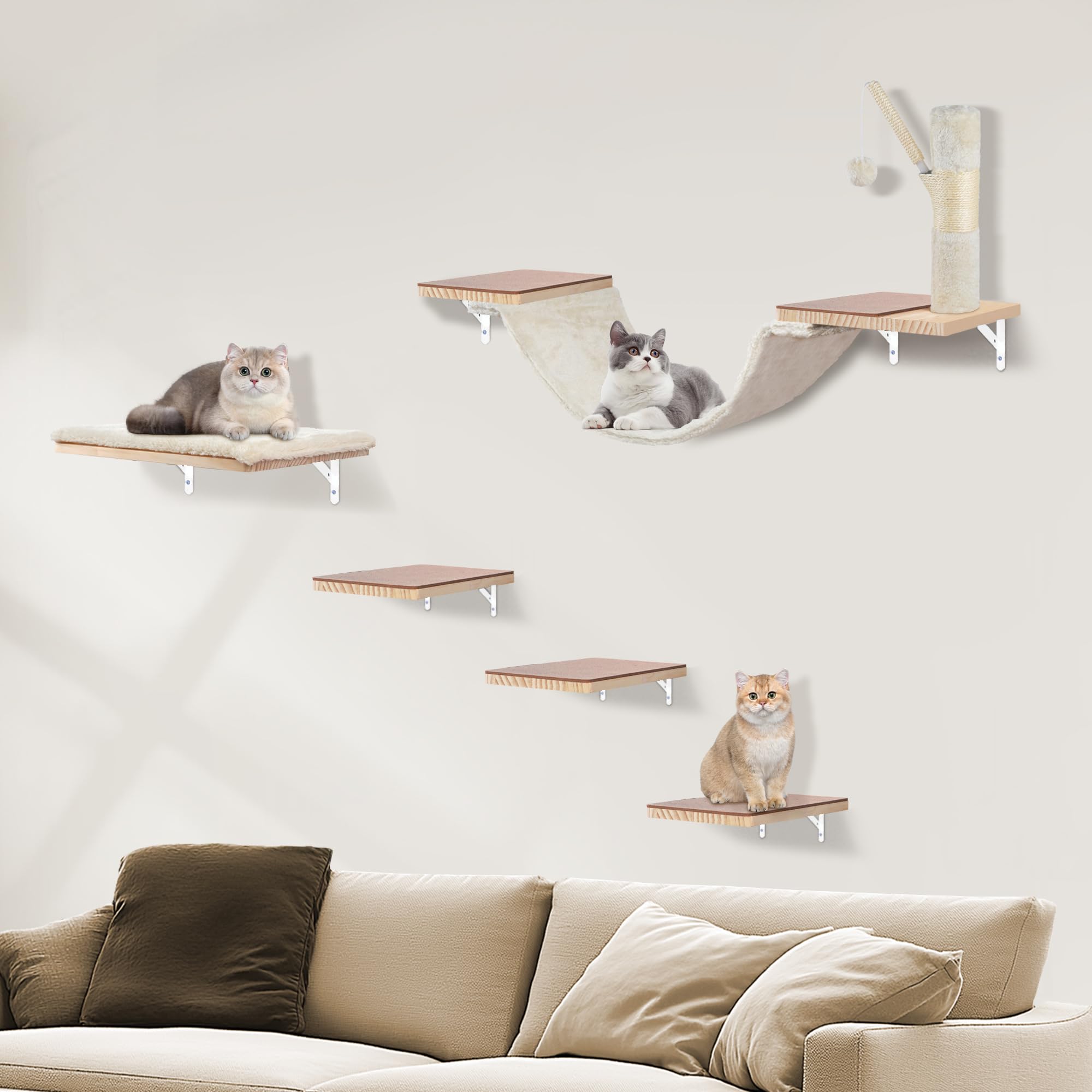 Photo 1 of Wall Mounted Cat Climber Set, Cat Wall Shelves,with Hammock,Jumping Boards,Sofa,Steps,Scratching Post,Hanging Ball and Felt Pads, Suit for Cats Climb, Jump,Scratch-Beige