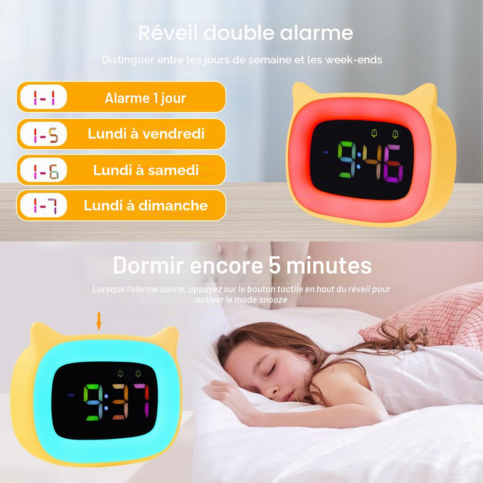 Seutgjie Réveil Enfant Lumineux pour Adolescent/Fille/Garçon, Reveil Chat à RGB 8 Couleurs & 18 Sonneries & 2 Alarmes, Réveil Enfant Éducatif 12/24 Heures avec Mode de Répétition