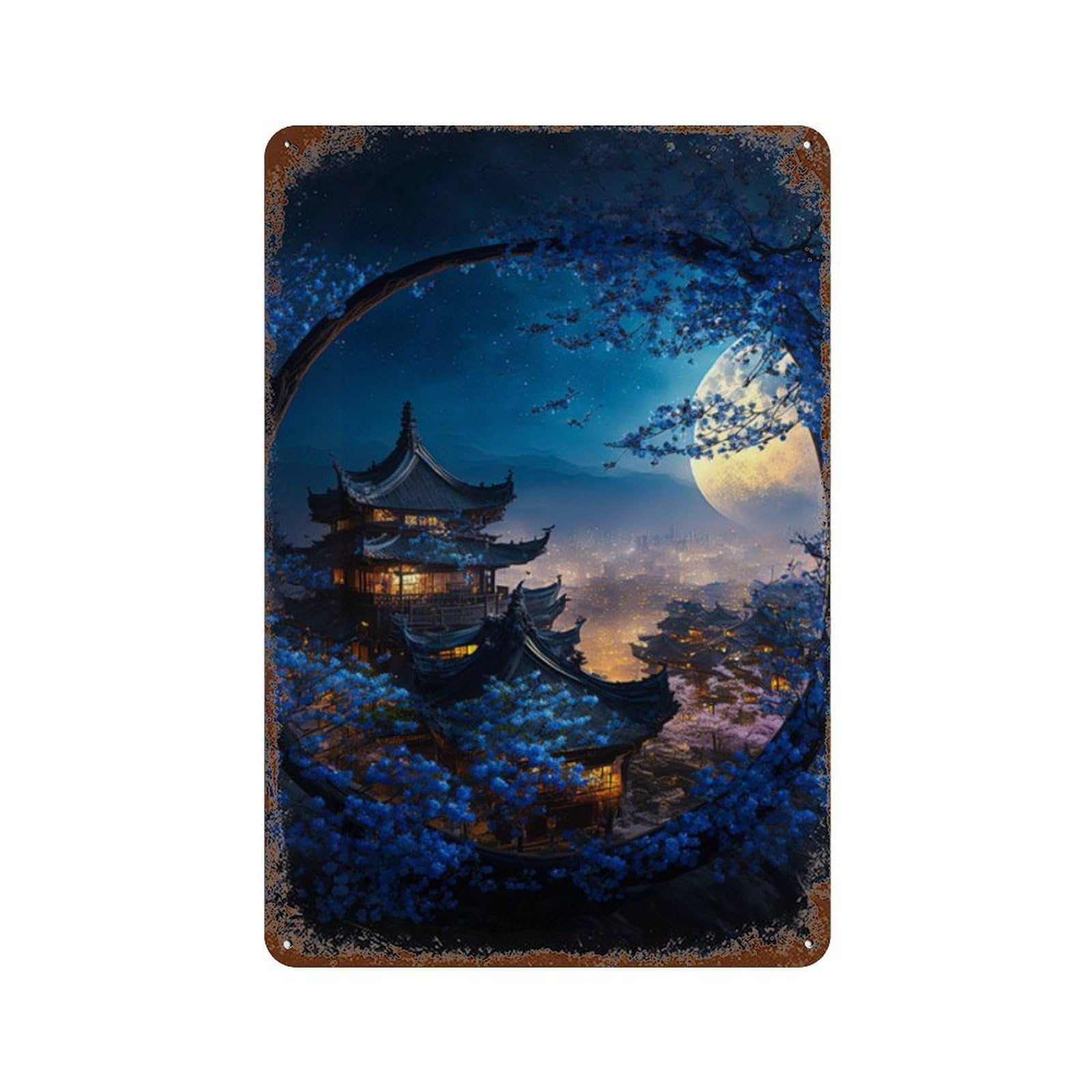Rust Effect Cherry Blossom Moonlit Pagoda -6 Rusty Metal Tin Sign 11.8"x7.9", Farmhouse Wall Decor for Cafe, Home Bar And Lounge Decor