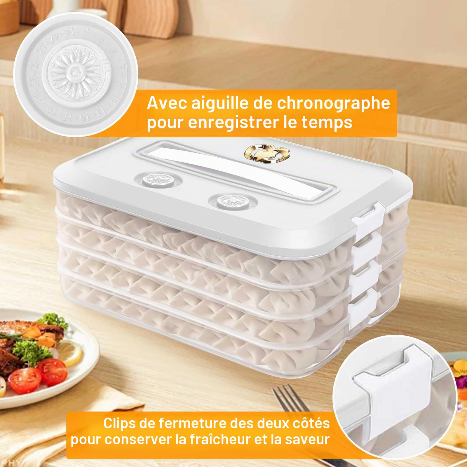 4 Couches Boîte a Charcuterie, 30,5x23x7,5cm Boite Jambon Conservation Frigo avec Couvercle et Minuteur, Empilable Boite a Fromage pour Frigo pour Raviolis, Boulettes, Biscuits, Desserts