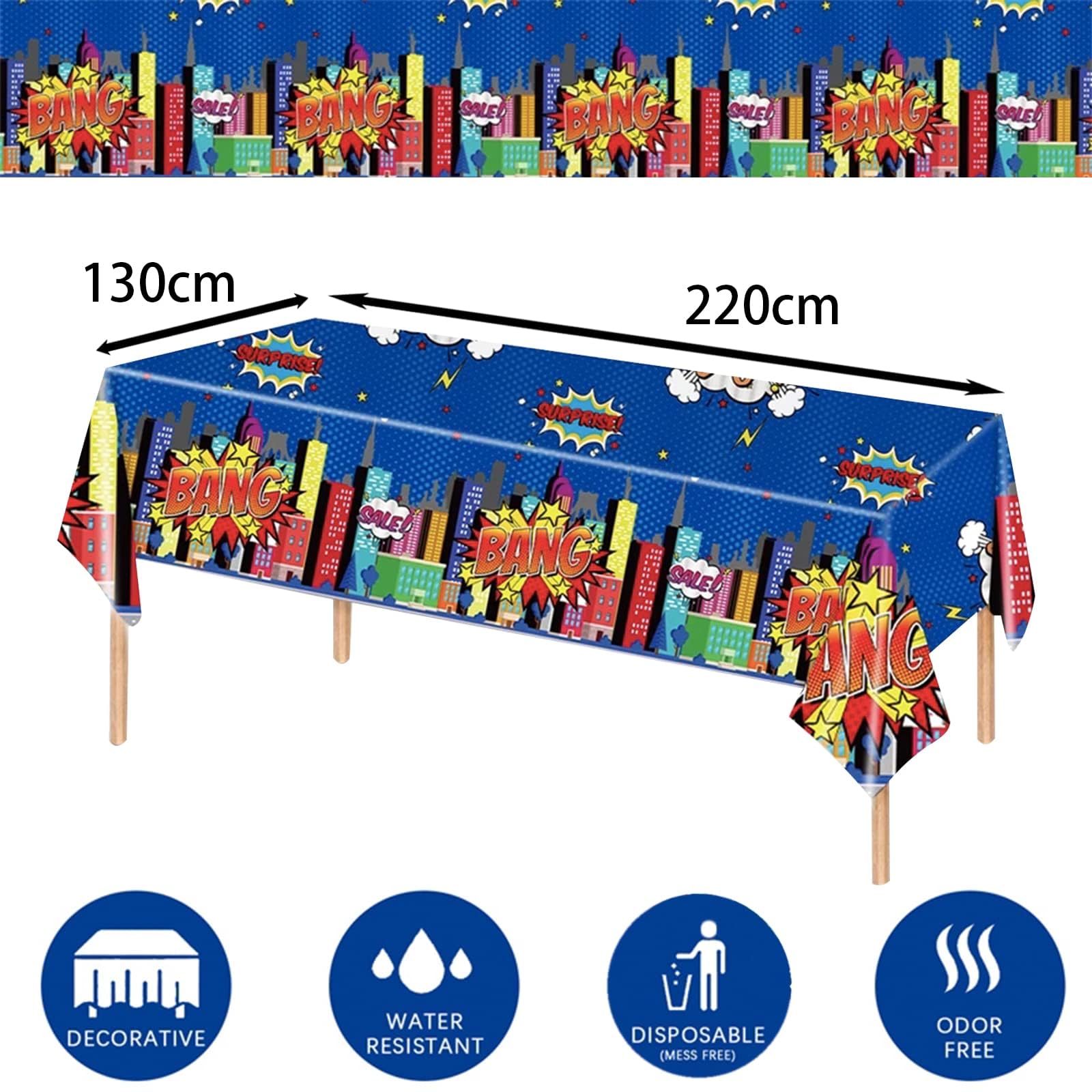 POPOYU Tovaglia blu eroe per feste, tovaglia per feste in città per ragazzi, 130 x 220 cm, in plastica, per feste di compleanno per bambini