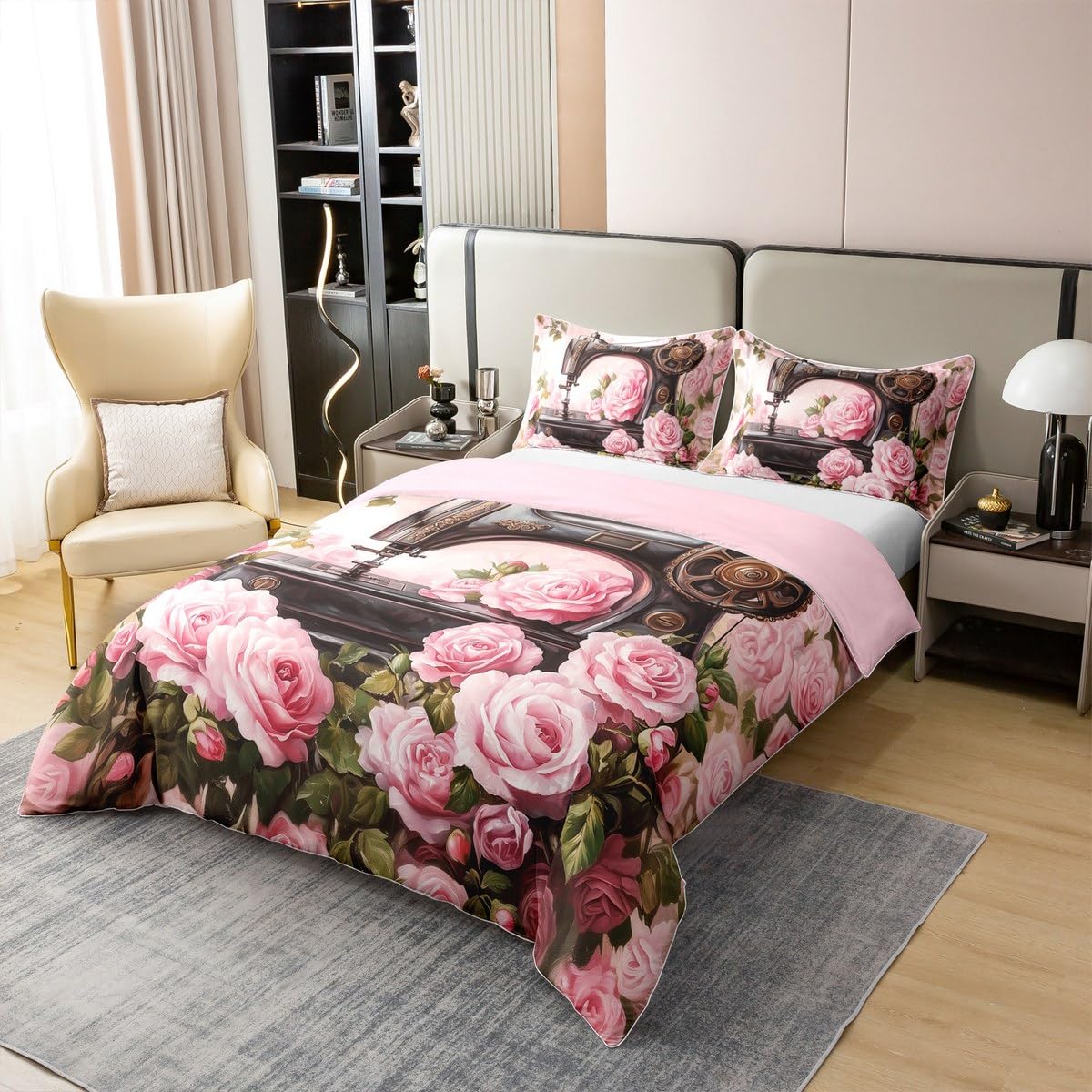 Juego de ropa de cama con diseño de máquina de coser 3D, hojas verdes, rosa, 100 % algodón, funda de edredón de 3 piezas para niños, niñas y mujeres, funda de edredón romántica retro, 2 fundas de