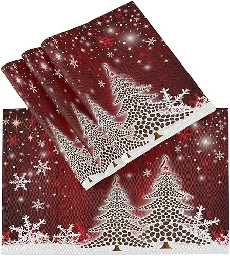 Miniatura 8 de Juego de 4 manteles individuales para árbol de Navidad con copo de nieve, para invierno, vacaciones, Navidad, cocina, comedor, resistente al calor,