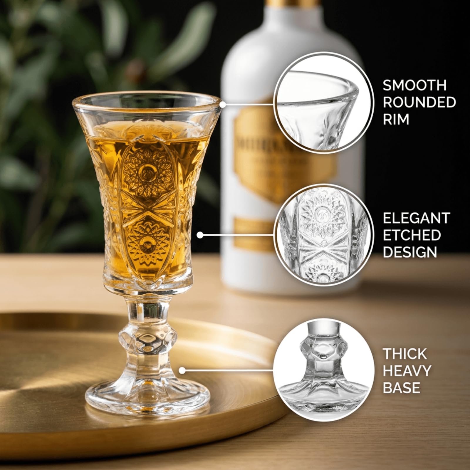 Youeon Juego de 12 vasos de chupito de 1.5 onzas, vasos de chupito de vidrio grabado con base pesada, vasos pequeños para tequila, whisky, vodka, licor, mini vasos cordiales para bar de fiesta