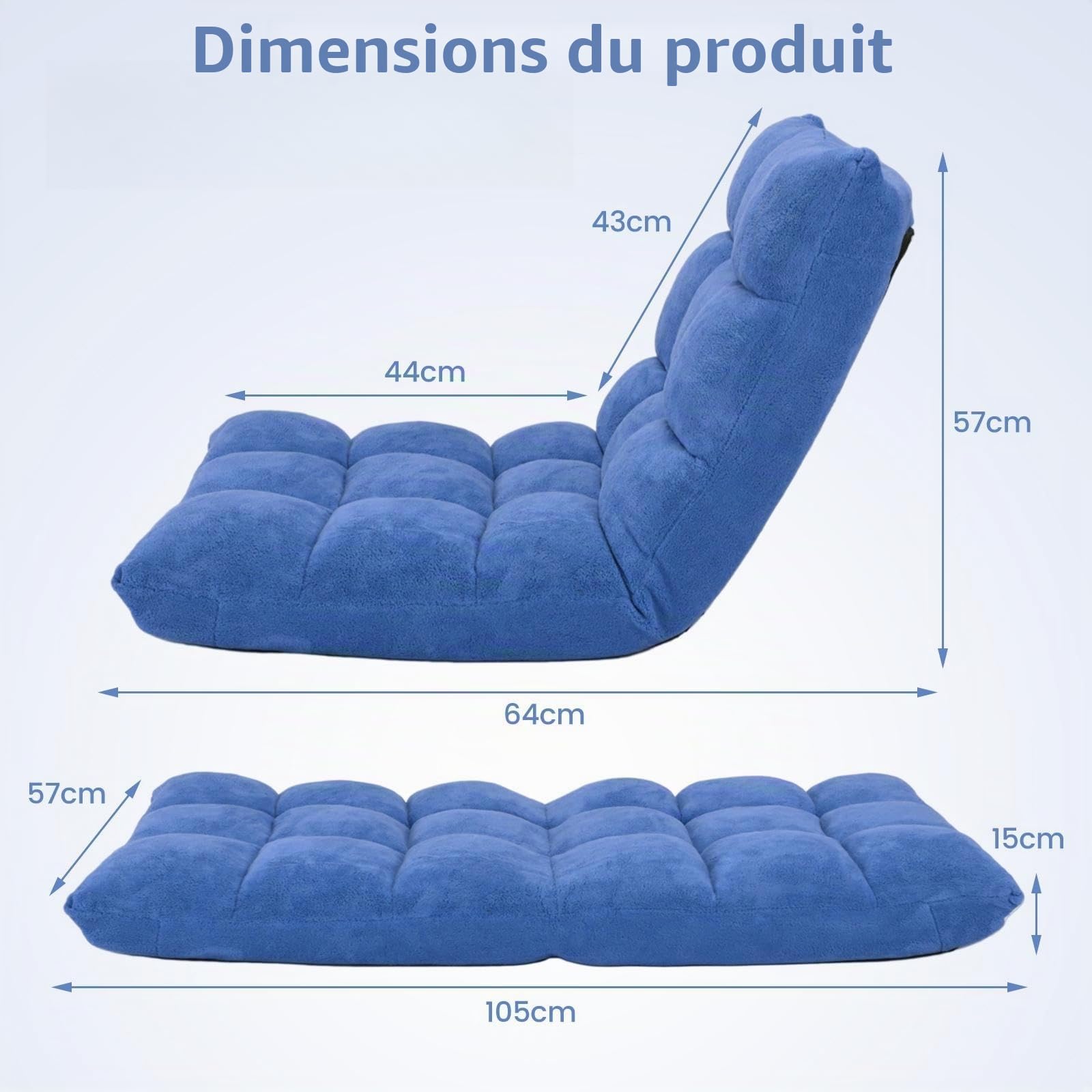 LIFEZEAL Chaise de Sol Rembourrée Pliable, 14 Angles Réglable, Canapé Paresseux Réglable avec Grand Dossier, Chaise de Méditation, Fauteuil Salon pour Yoga, Polaire Corail(Bleu)