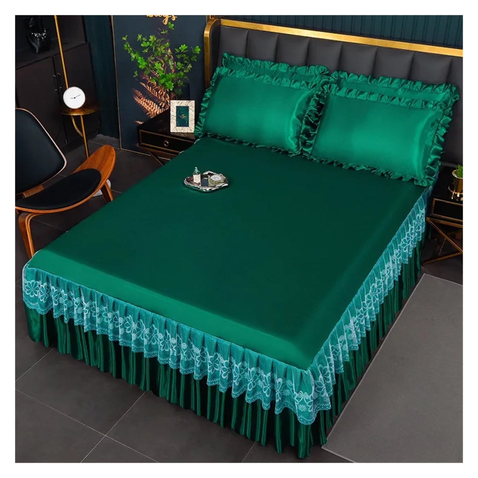 Falda de cama transpirable de verano con encaje suave verde