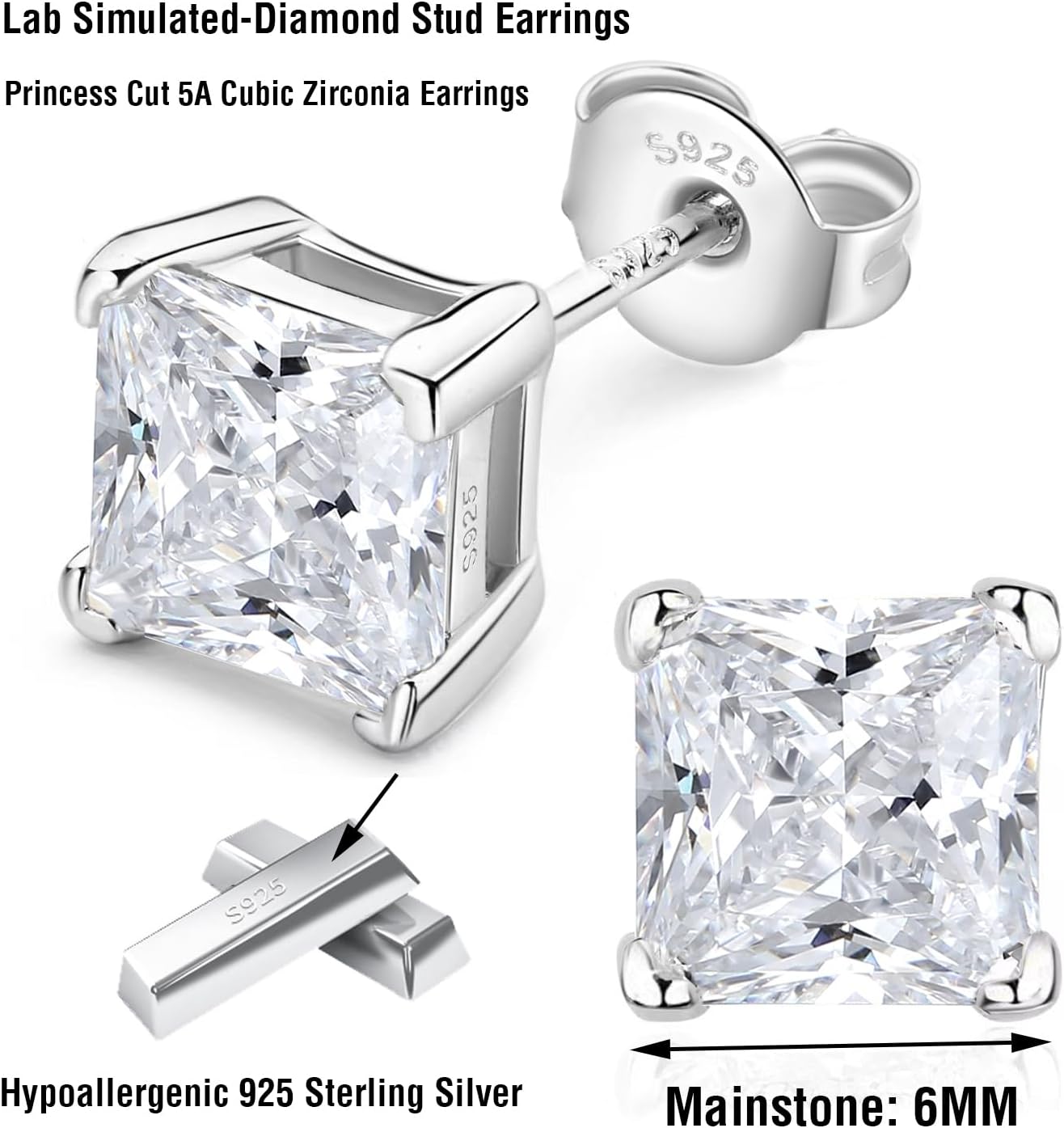 925 Sterling Silver Lab Simulation-Diamond Stud Earrings for Women, Round/Cushion/Princess Cut 5A Cubic Zirconia Stud Earrings Hypoallergenic Jewelry Gifts for Birthday Christmas Wedding