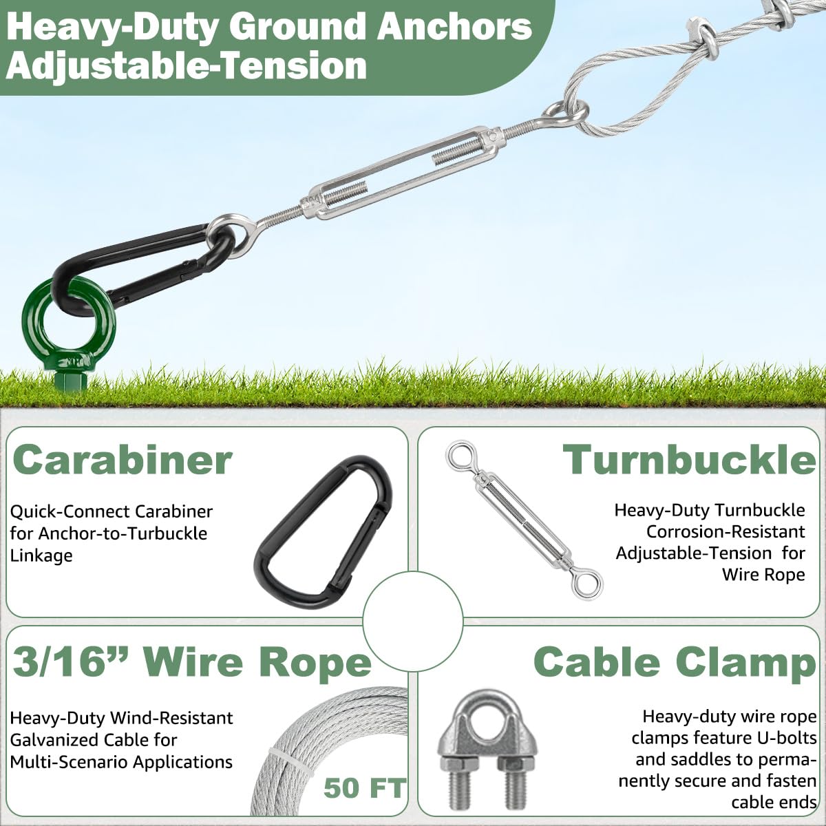Kit di ancoraggio per capanno da 76,2 cm, ancoraggio a tripla elica con cavo zincato da 15,7 m, 4 tenditori e adattatore per trapano, ancoraggio a coclea verde per baldacchino, gazebo