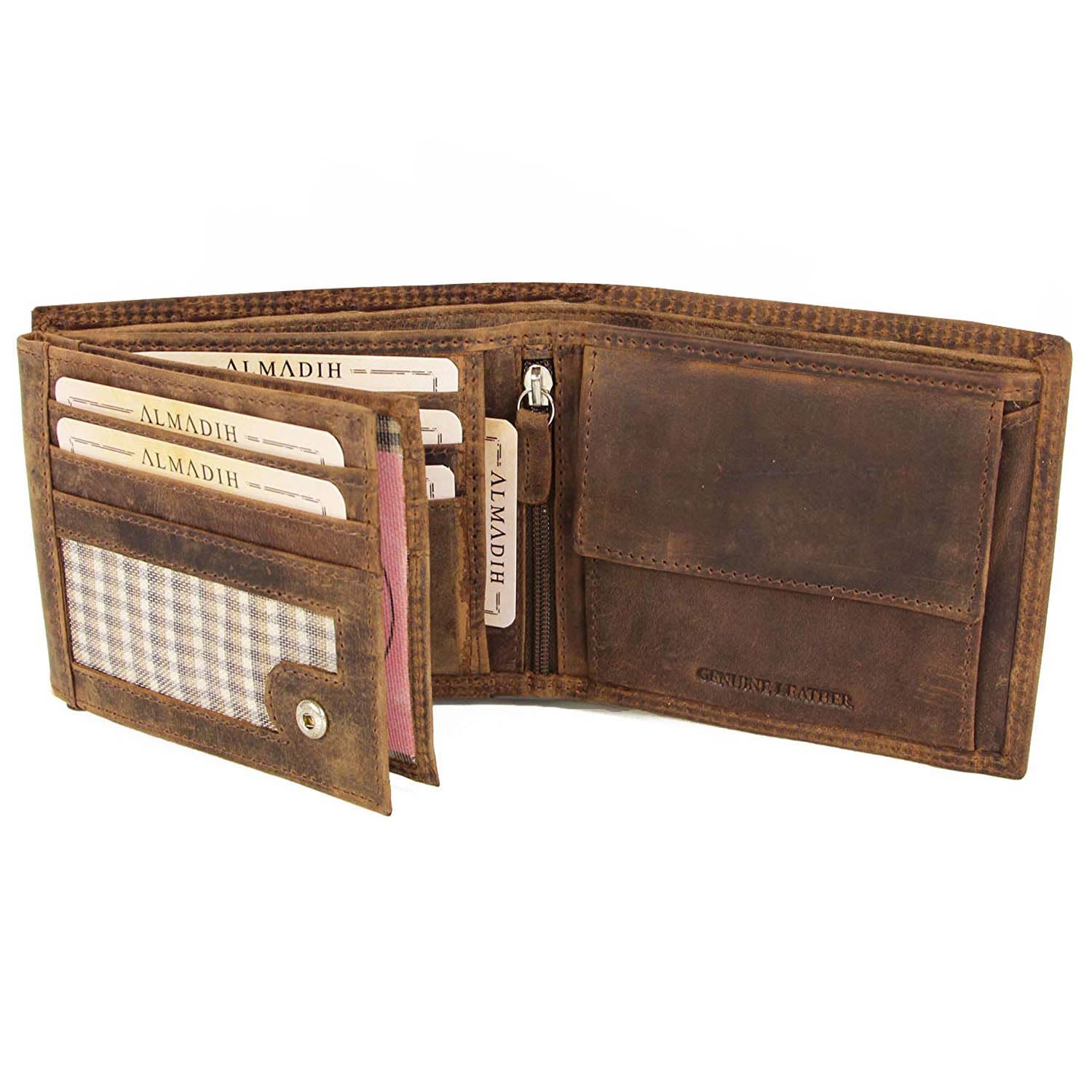 ALMADIH Leder Portemonnaie RFID Schutz querformat 15 Kartenfächer Premium Rindsleder mit Geschenkbox (P2Q-BV) Herren Börse Geldbörse Geldbeutel Portmonee Brieftasche Unisex quer braun (P2Q Vintage)