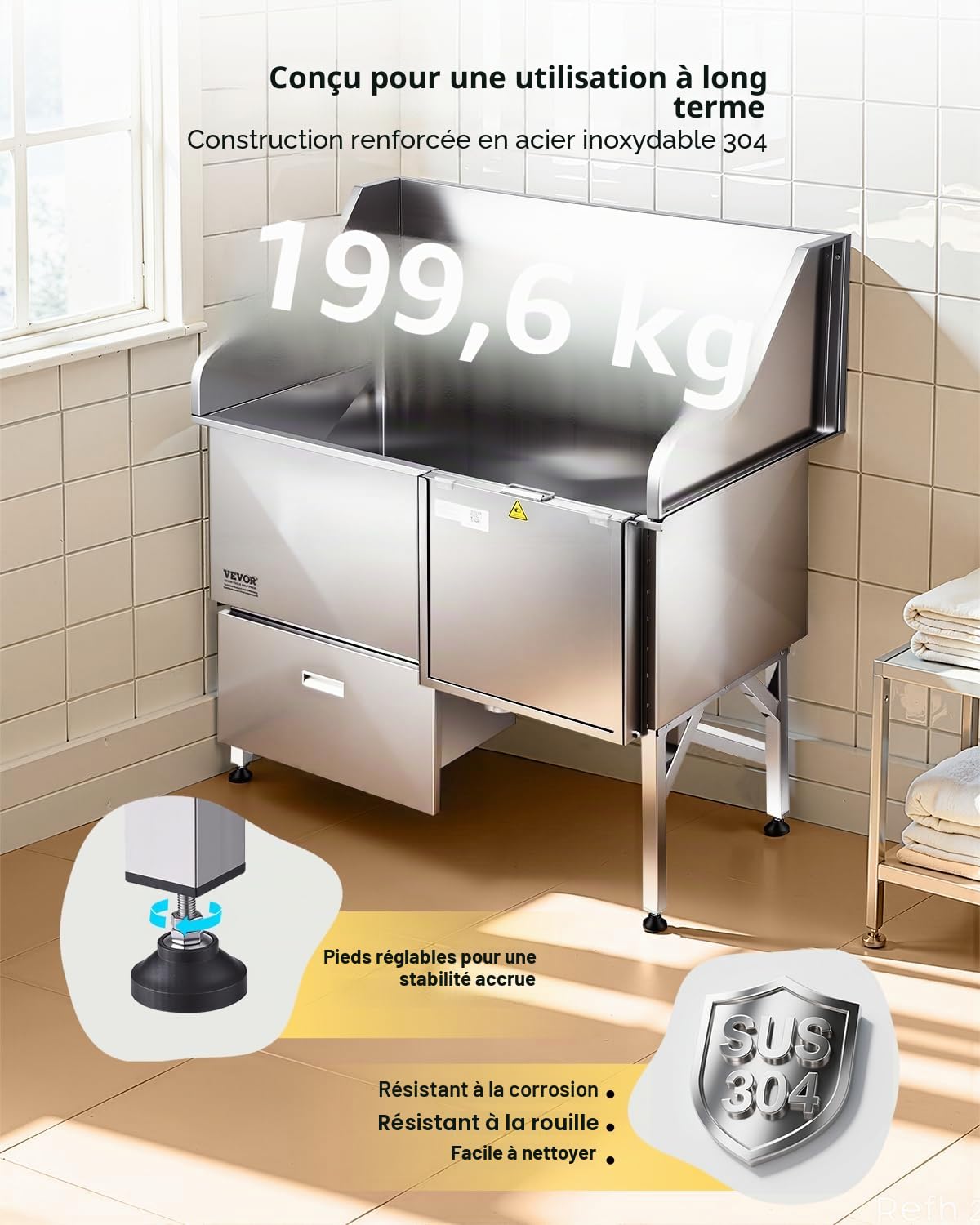 VEVOR Baignoire de Chien Acier Inoxydable, Baignoire de Toilettage pour Animaux de Compagnie 127,5 cm Station de Lavage Chat, avec Rampe, Panneau Filtre à Eau, Robinet, Pommeau de Douche, Porte Droite